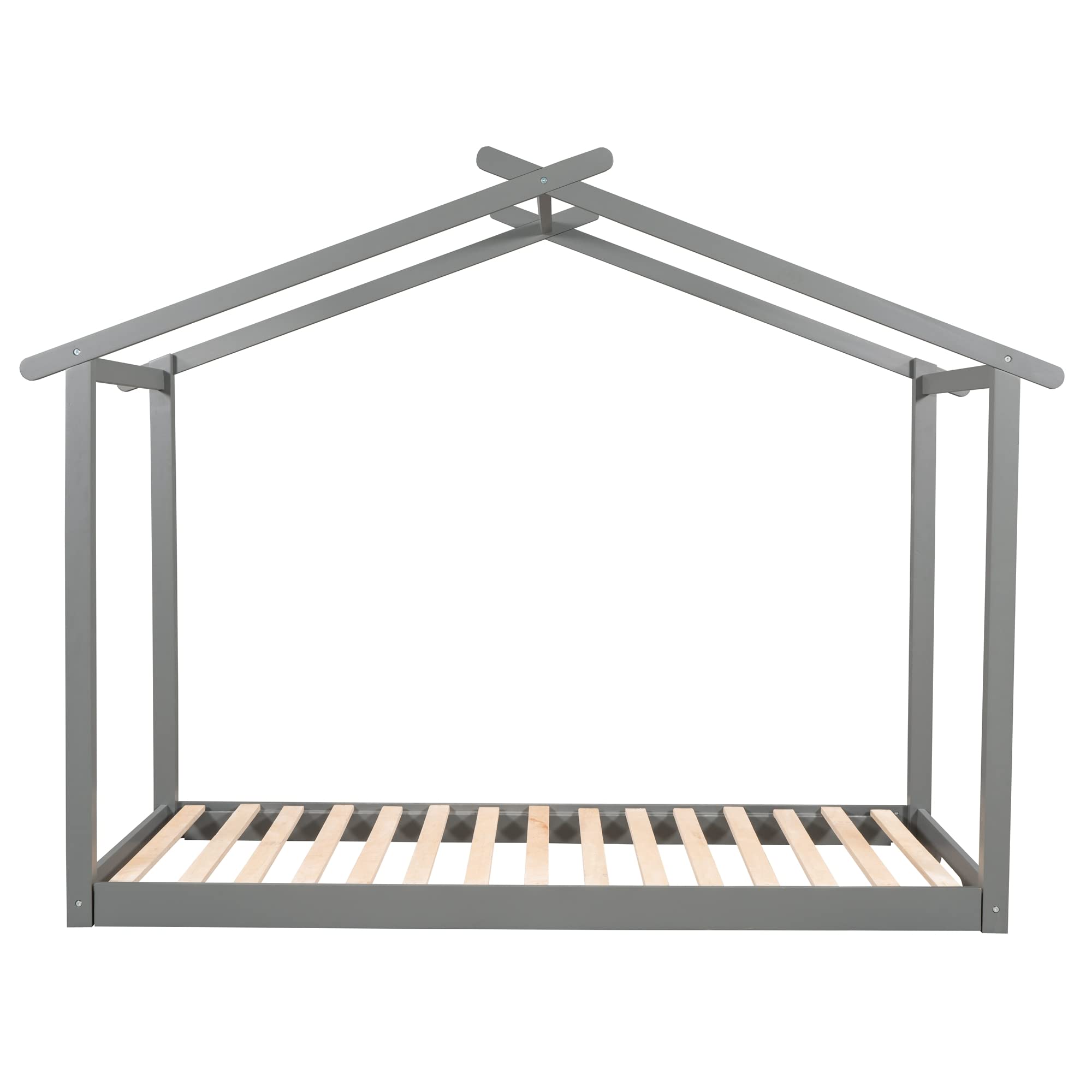 RUNNA Solid Wood Daybed Twin to King Size Convertible Bed with Trundle - House Shaped Platform Bed for Kids & Adults - Includes Wood Slats & Floor Bed Tent - Perfect for Bedroom, Living Room, Guest Room (Gray+Wood+King) - Great for Sleepovers, Playtime & Space Saving