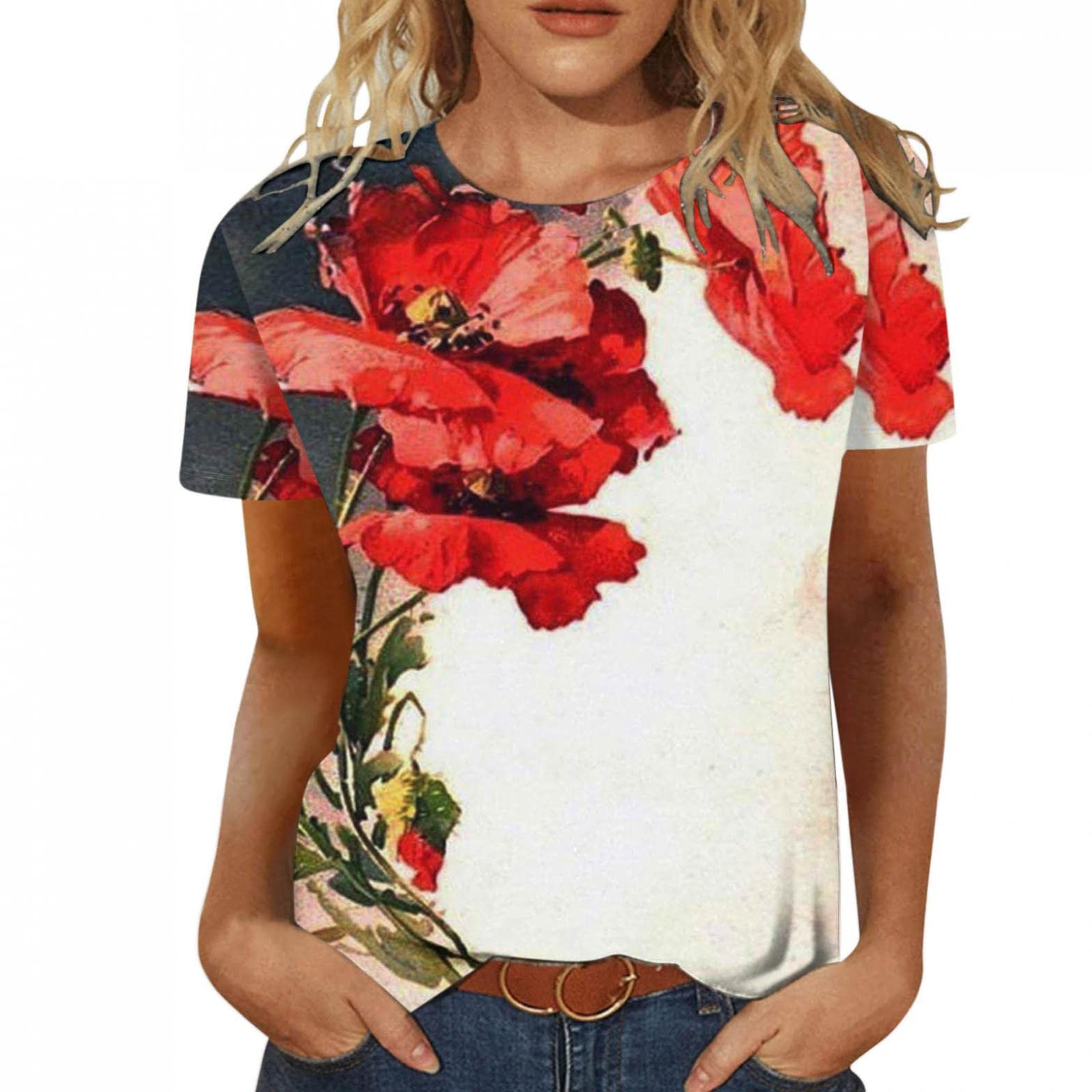 Plus Size Women's Tops - Floral Print Basic Tee Shirts with O-Neck & Short Sleeve | Casual Fashion Blouses for Curvy Women | Perfect for Summer Outfits, Workwear & Everyday Comfort