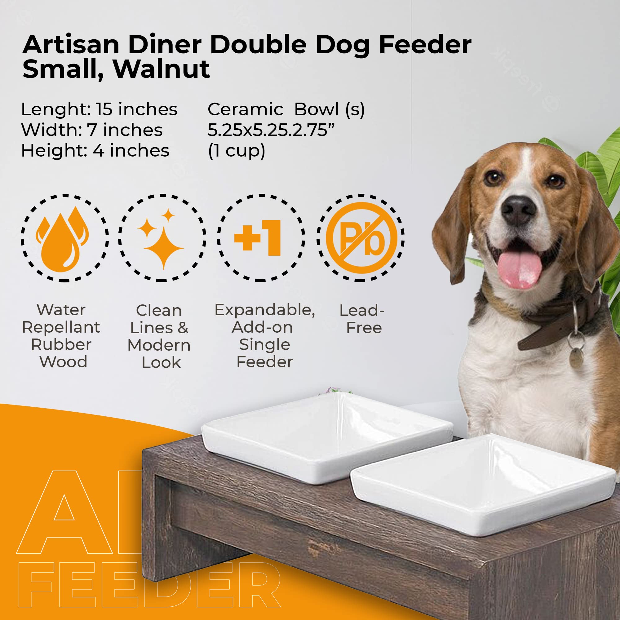 Handcrafted Rubberwood Double Dog Feeder with Ceramic Bowls - Bowsers Artisan Diner Dog Bowl Stand for Small Dogs (15