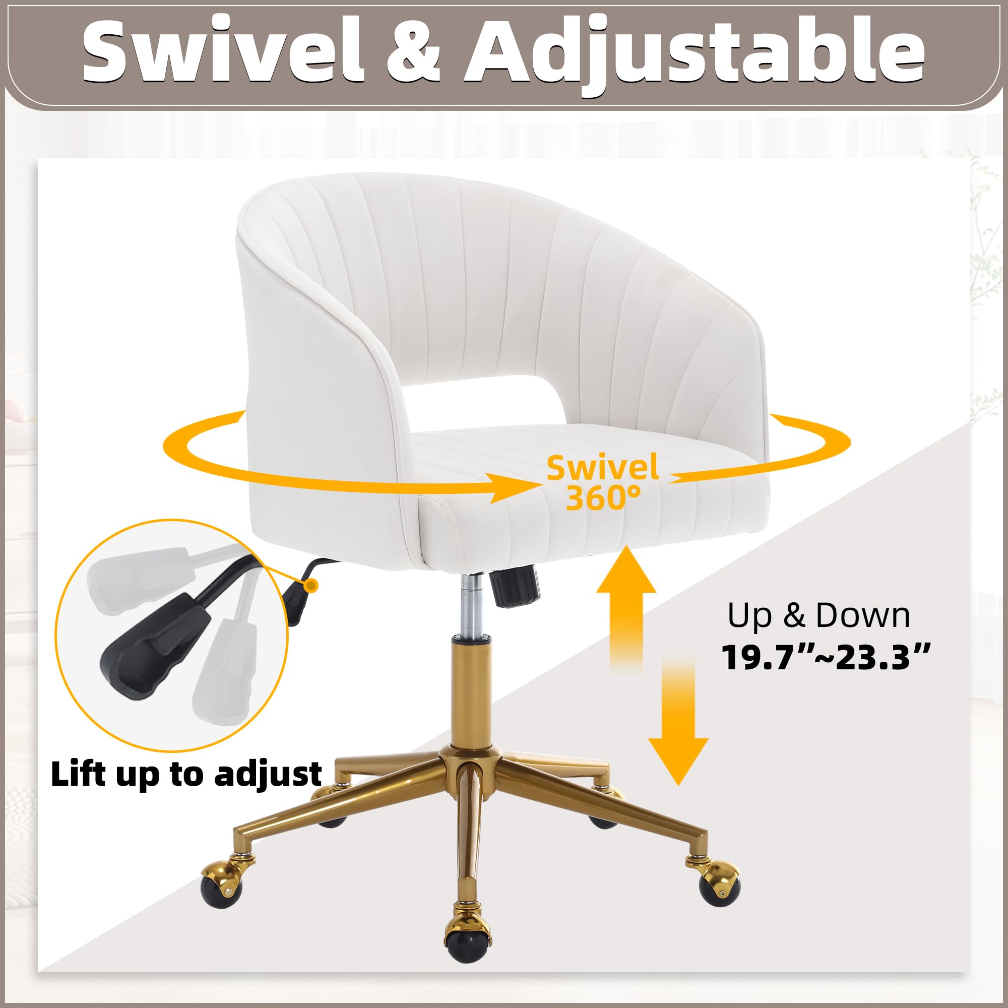 ABET Velvet Swivel Office Chair with Wheels & Adjustable Back - Modern Upholstered Desk Chair with Gold Base for Home, Living Room, Bedroom & Vanity - Cream White | Ergonomic Comfort for Work & Relaxation