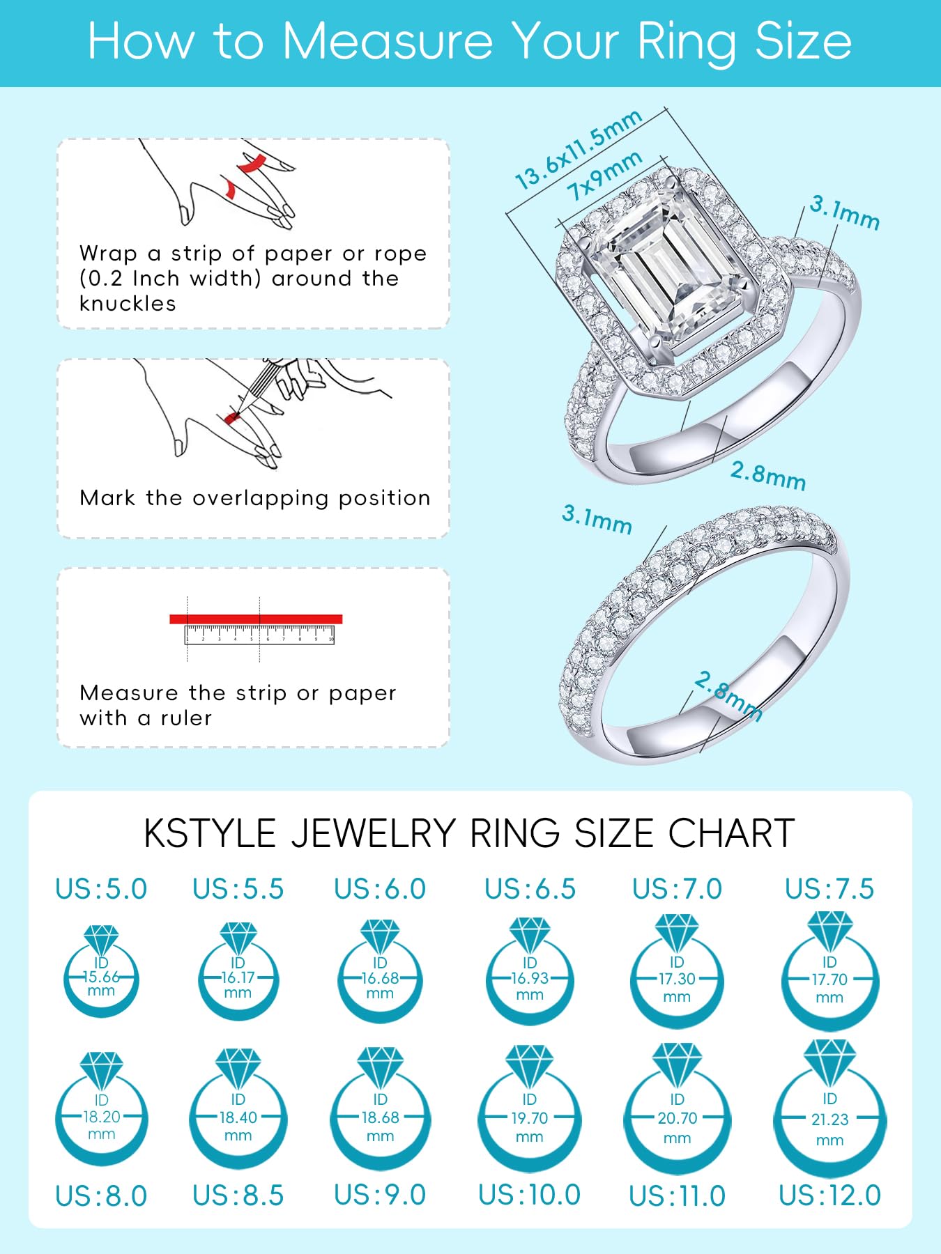 1.99-3.30 Carat Emerald Cut Moissanite Engagement Ring Set for Women - D Color VVS1 Clarity, S925 Sterling Silver with 18K White Gold Plated Wedding Band - Perfect for Proposals, Anniversaries & Bridal Jewelry Gifts