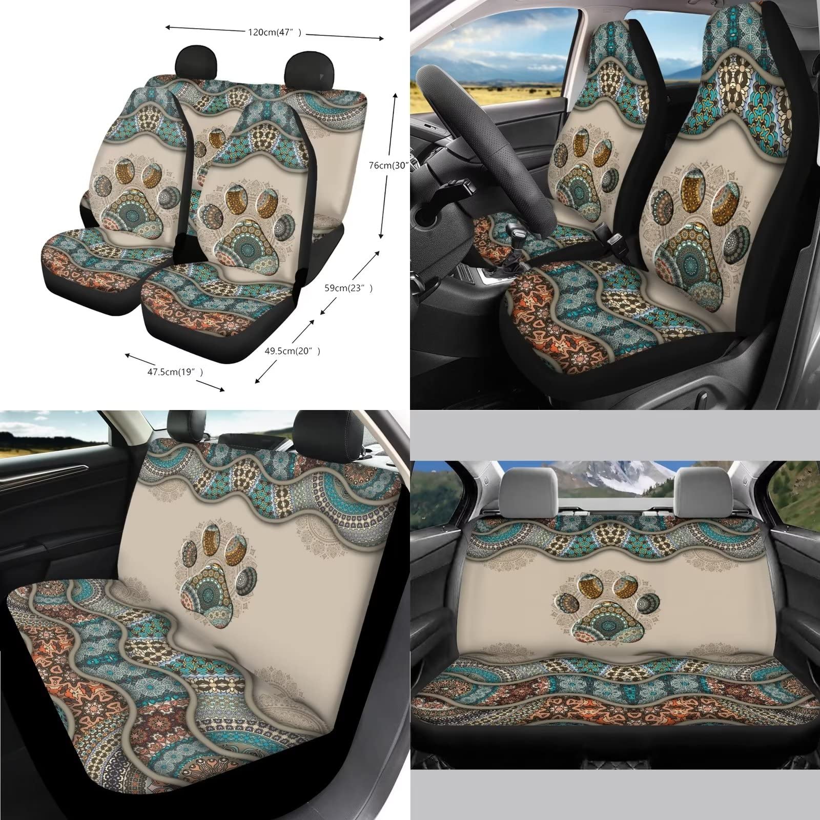 Poceacles 13PCS Boho Style Dog Paw Car Accessories Set - Car Seat Covers, Steering Wheel Cover, Cup Holders, Seat Belt Pads & Keychain for Women & Men - Universal Fit for Most Vehicles - Perfect for Pet Lovers & Road Trips