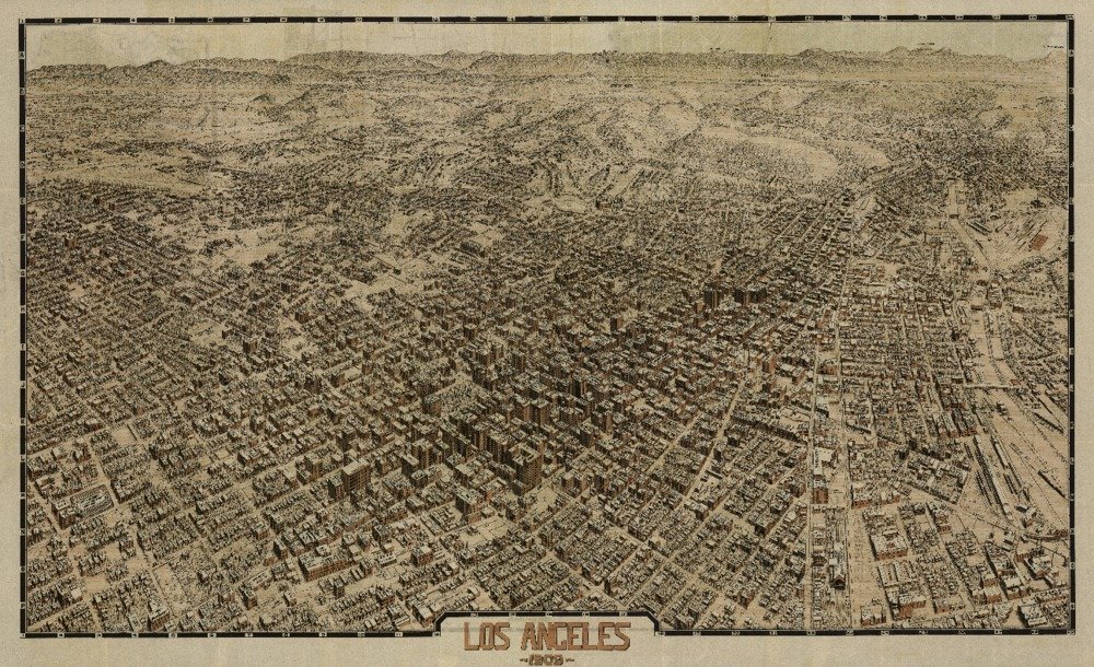 1909 Los Angeles California Panoramic Map - 24x36 Signed Art Print, Vintage Wall Decor Poster for Home & Office