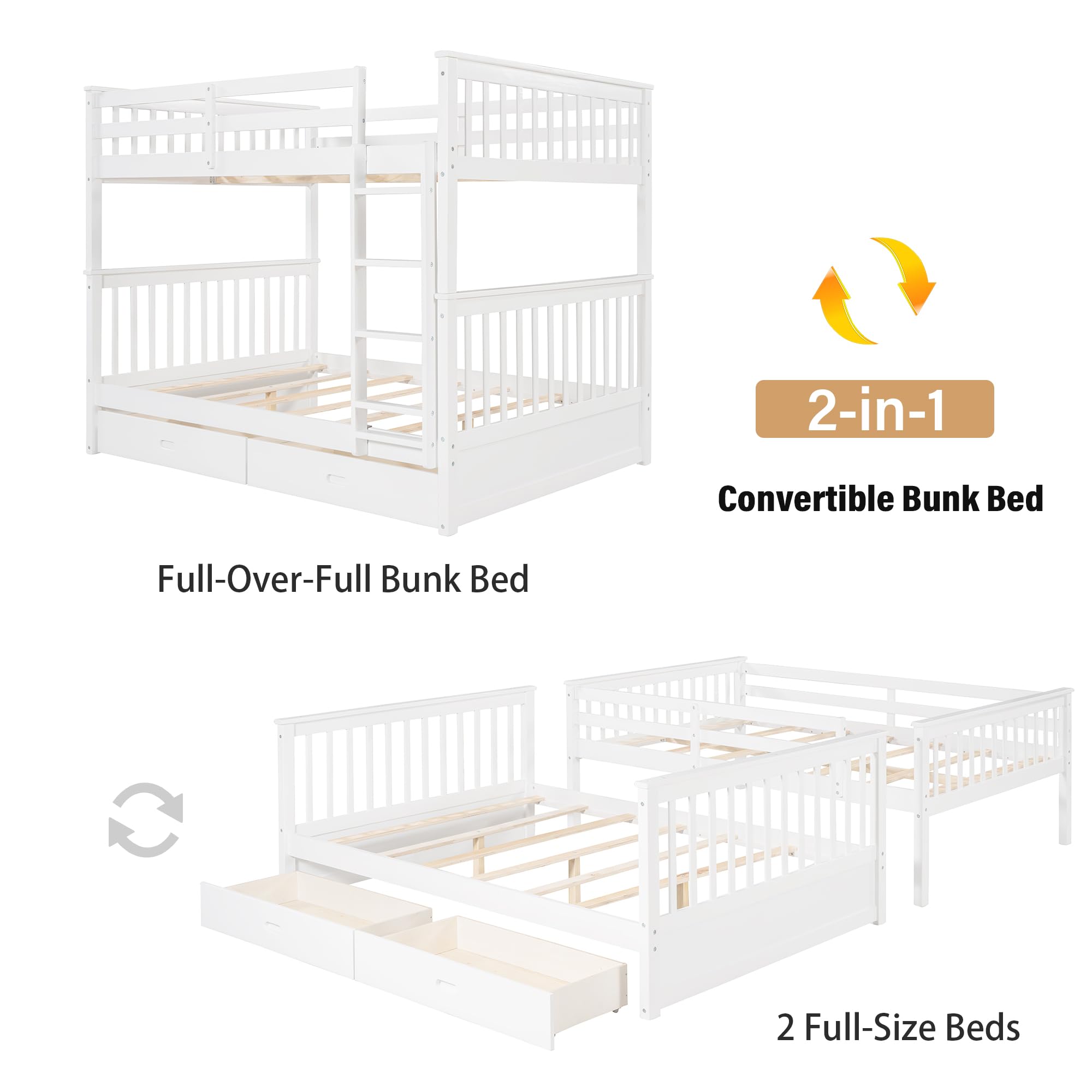Merax Solid Wood Convertible Bunk Bed with Ladders & Storage Drawers - Full Over Full Detachable White Bunk Bed Frame | Perfect for Kids' Bedrooms, Guest Rooms & Space-Saving Solutions