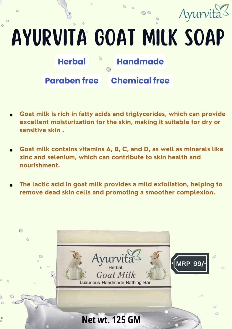 Ayurvita Herbal Goat Milk Soap - 100% Natural Handmade Bath Bar for Dry & Sensitive Skin (3 Pack, 125g Each) - Perfect for Daily Cleansing, Gift Sets & Spa Relaxation
