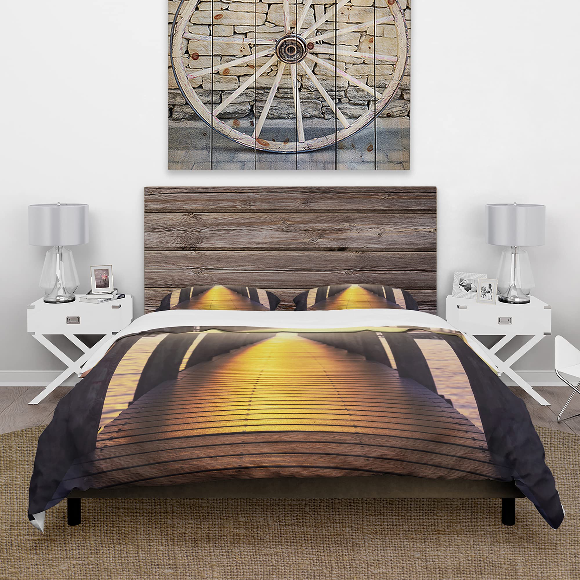 DesignQ Nautical & Coastal Duvet Cover Set - King Size Yellow Sea Bridge Sunset Bedding (3-Piece) | All-Season Beach Themed Comfort | Perfect for Coastal Homes, Guest Rooms & Vacation Rentals