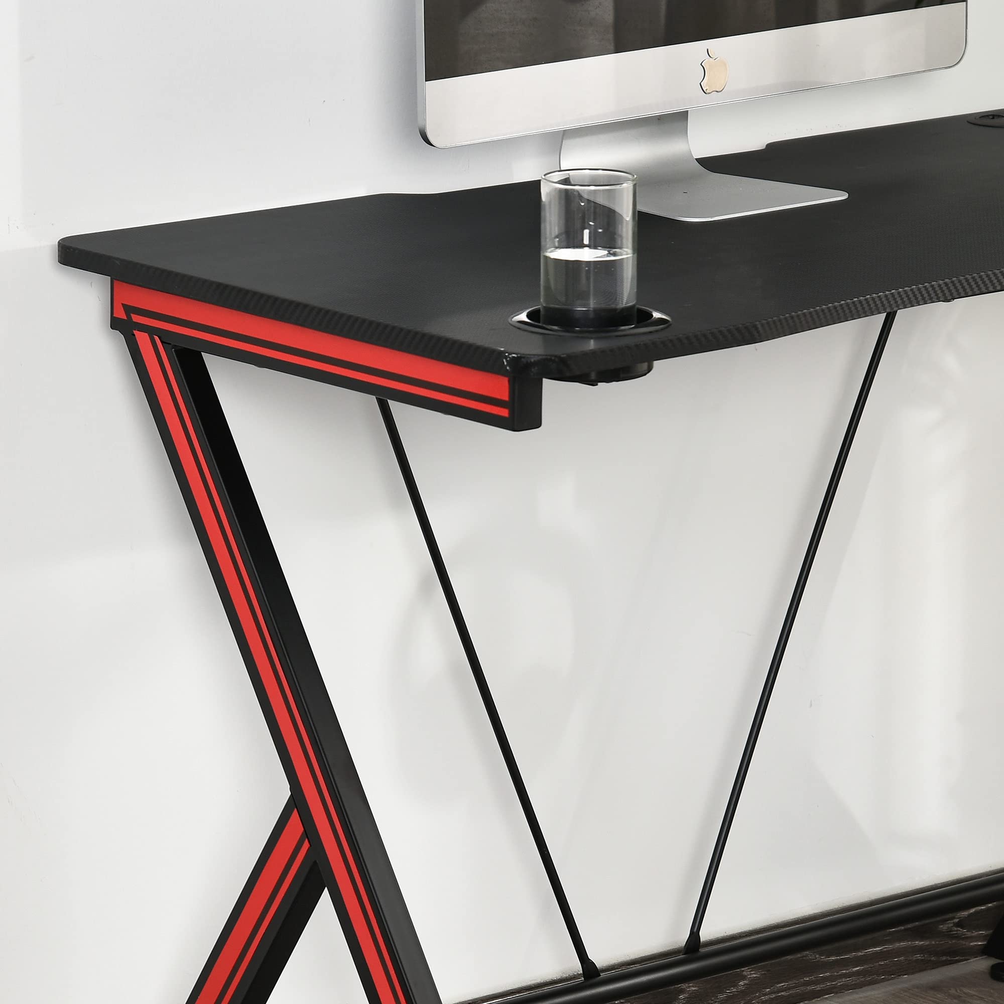 HOMCOM 41 inch Gaming Computer Desk with Cup Holder & Headphone Hook - Carbon Fiber Surface Home Office Workstation for PC Gaming & Study - Perfect for Small Spaces & Cable Management