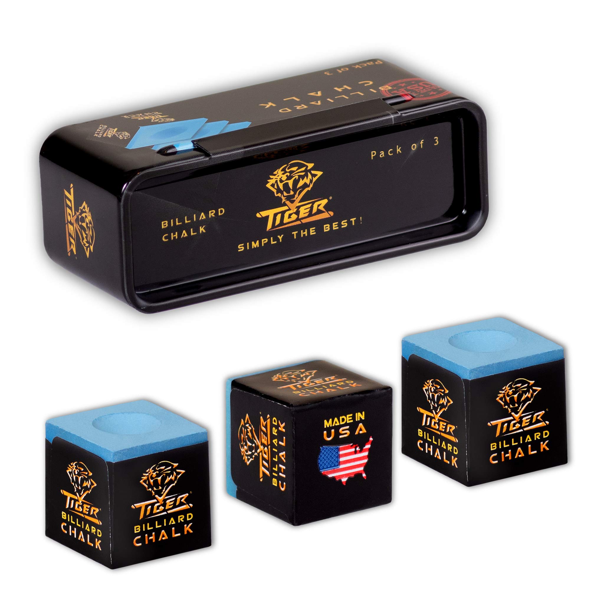 Premium Tiger Pool Cue Billiard Chalk - Blue (3-Pack) - Professional Pool Accessories for Smooth Shots & Improved Grip - Perfect for Home Game Rooms, Bars & Pool Halls