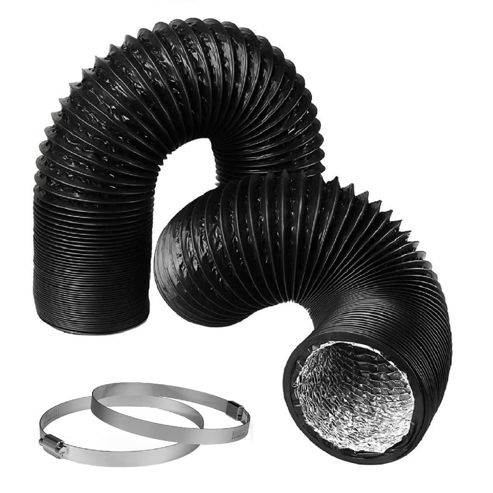 8 Inch Dryer Vent Hose - 9.84 Feet Flexible Adjustable PVC Heavy-Duty 4-Layer Air Duct for HVAC Ventilation with 2 Screw Clamps (Black) - Perfect for Home Laundry Rooms, Basement Dryer Installations & Commercial Ventilation Systems