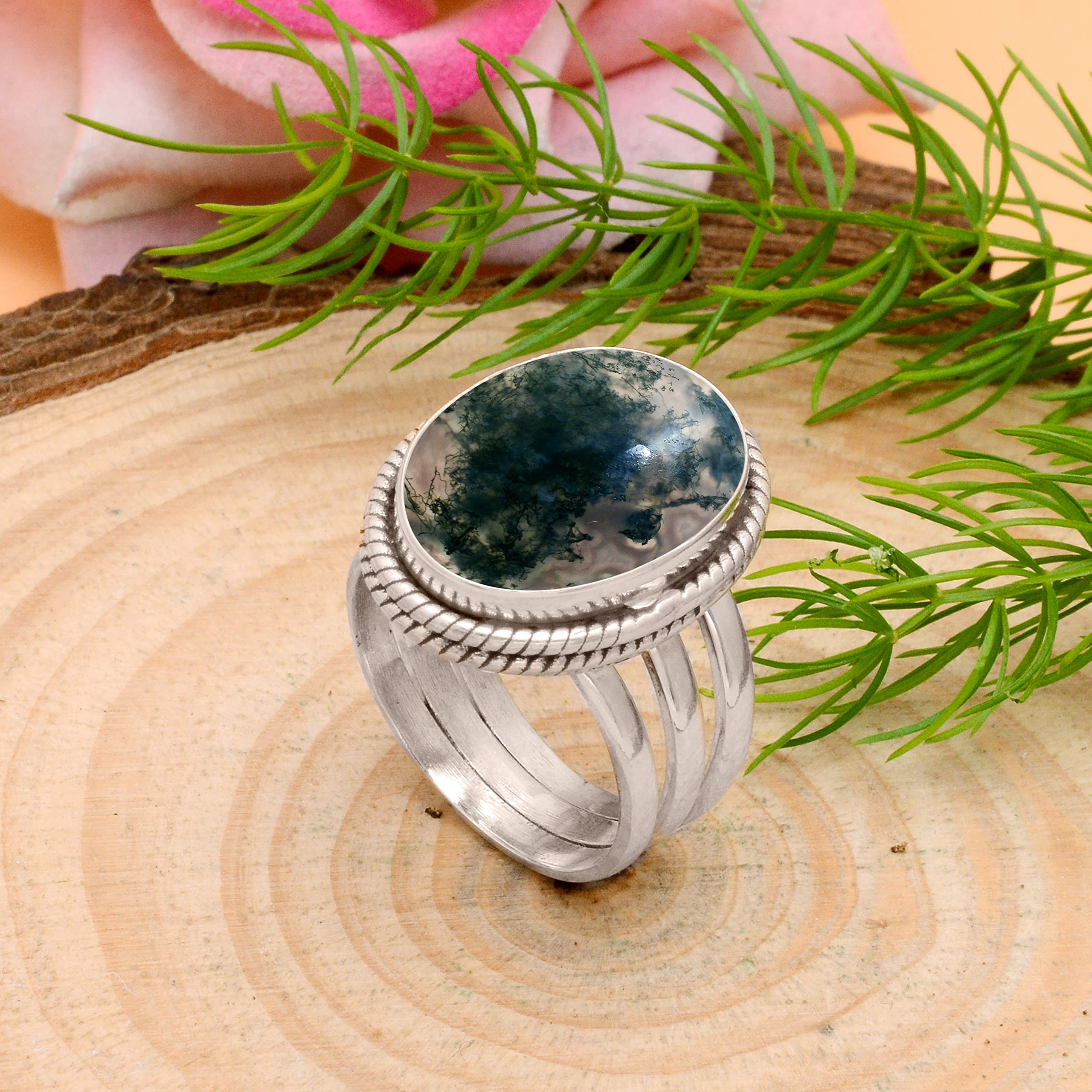 Veracity Jewelry Moss Agate Rings for Women - 925 Sterling Silver Healing Meditation Rings with Natural Green Gray Moss Agate Gemstone - Elegant Spiritual Jewelry for Yoga, Meditation & Everyday Wear - VSR-116