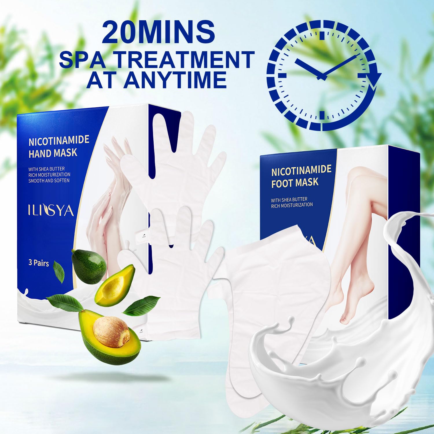 Hand and Foot Mask Set - 3pk Foot Mask & 3pk Hand Mask for Dry Cracked Hands & Heels with Nicotinamide, Shea Butter & Goat Milk - Moisturizing Treatment for Soft Skin at Home Spa