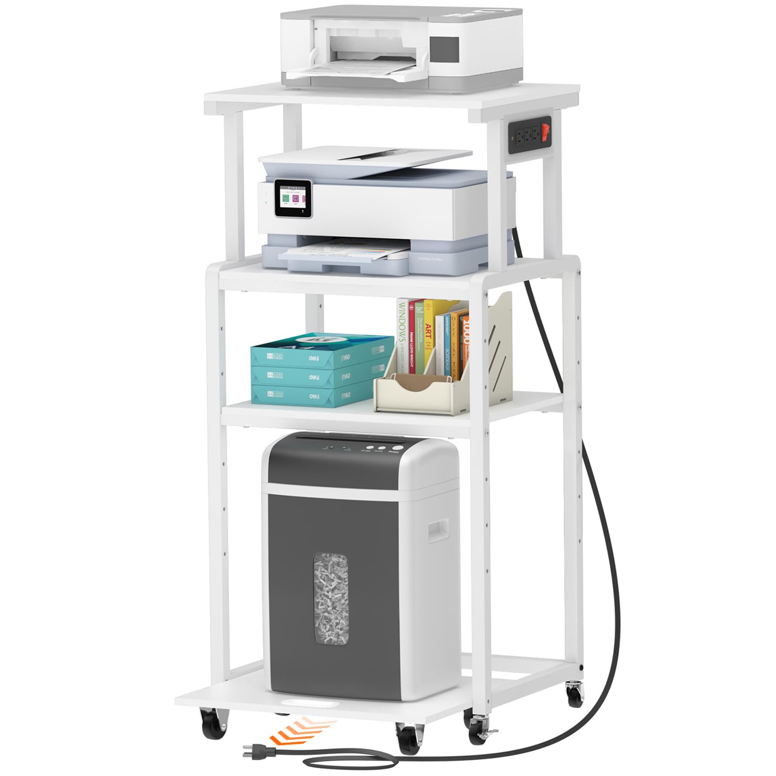 Lifewit 4 Tier Rolling Printer Stand with Wheels, 3 Power Outlets & Adjustable Shelves - Mobile Office Cart for Printer, Scanner, Shredder, Fax Machine - Perfect for Home Office Organization & Workspace Storage (White)