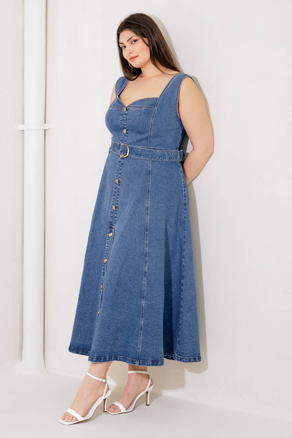 FRIDAY FEELS Sweetheart Denim Midi Dress - Women's Vintage Inspired Blue Jean Dress for Date Night & Casual Outings