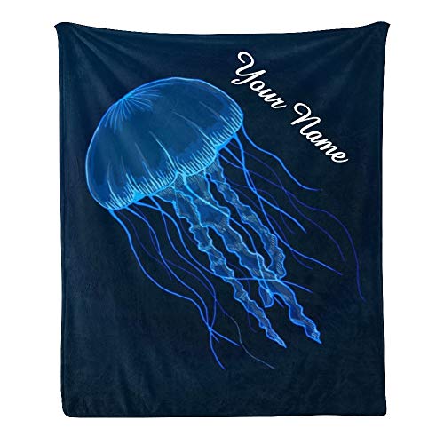 Custom Personalized Kids Fleece Blanket with Name - Jellyfish Marine Animals Baby Throw Blanket for Bed (30
