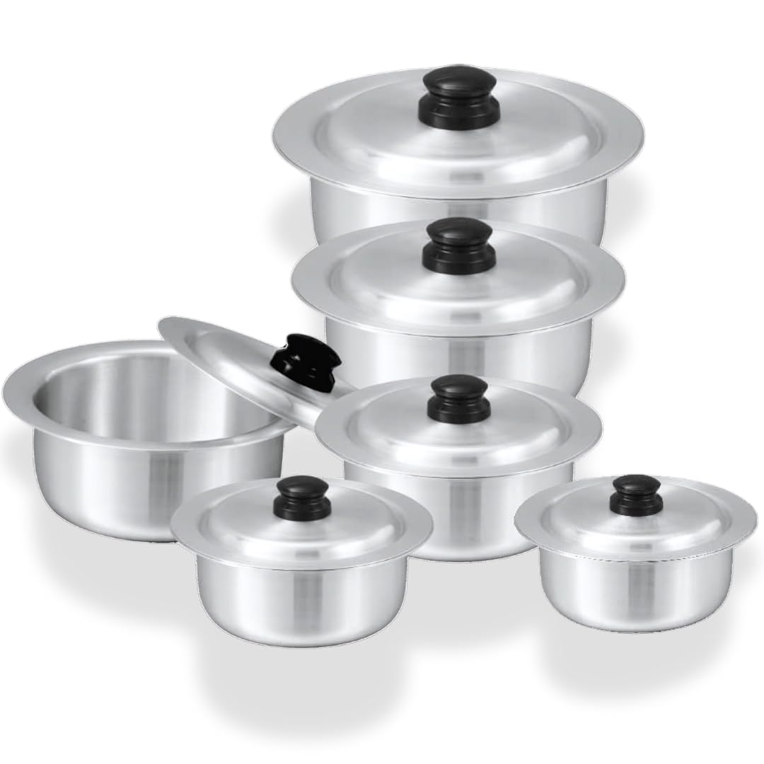 Premium 6-Piece Aluminum Cookware Set with Lids (2.5L-11L) - Durable Non-Stick Cooking Pots for Home Kitchen, Camping & Outdoor Use - Sonex Metal Finish Global Pot Collection