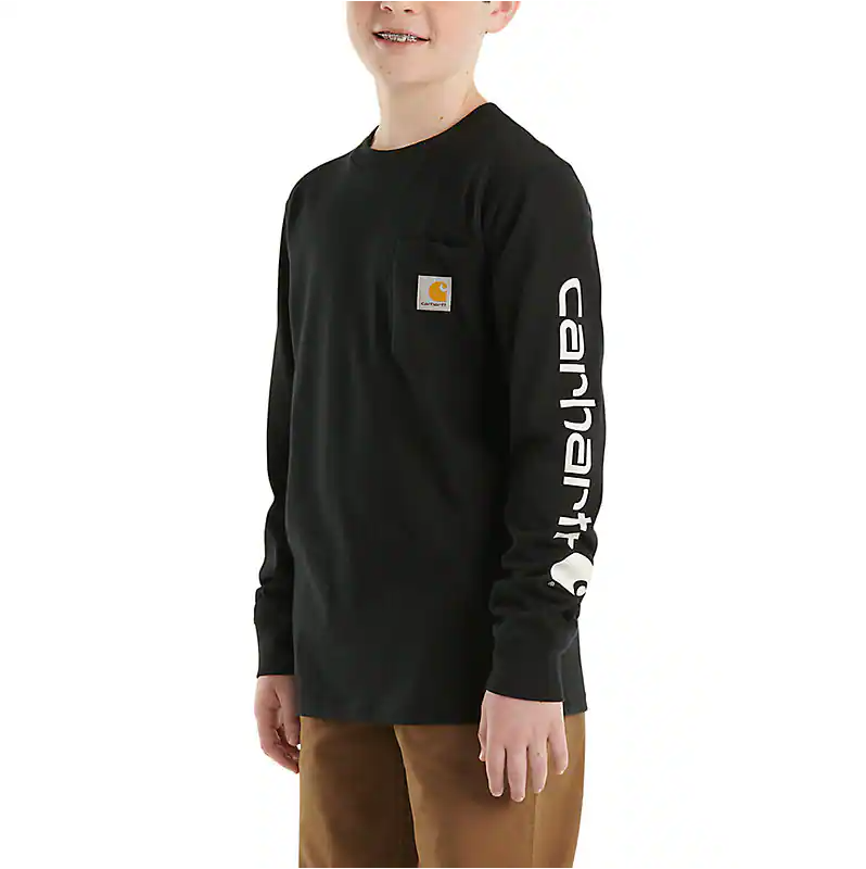 Carhartt Kids Long Sleeve Pocket T-Shirt for Boys & Girls - Soft Cotton Comfortable Casual Wear - Black - Perfect for School, Playdates & Outdoor Activities
