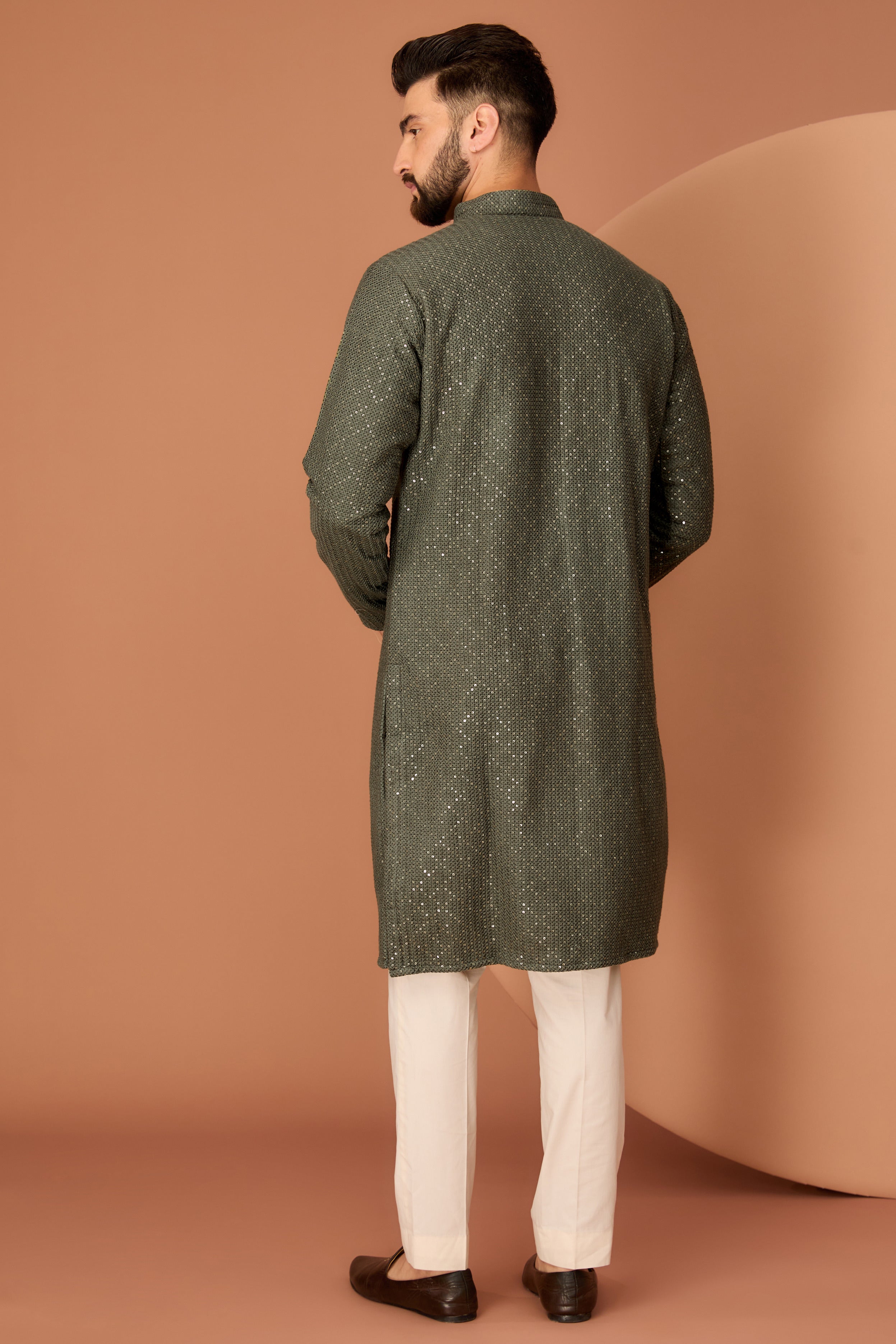 Elegant Military Green Chikankari Kurta with Heavy Thread & Sequins Embroidery - Perfect for Festivals, Weddings & Ethnic Occasions
