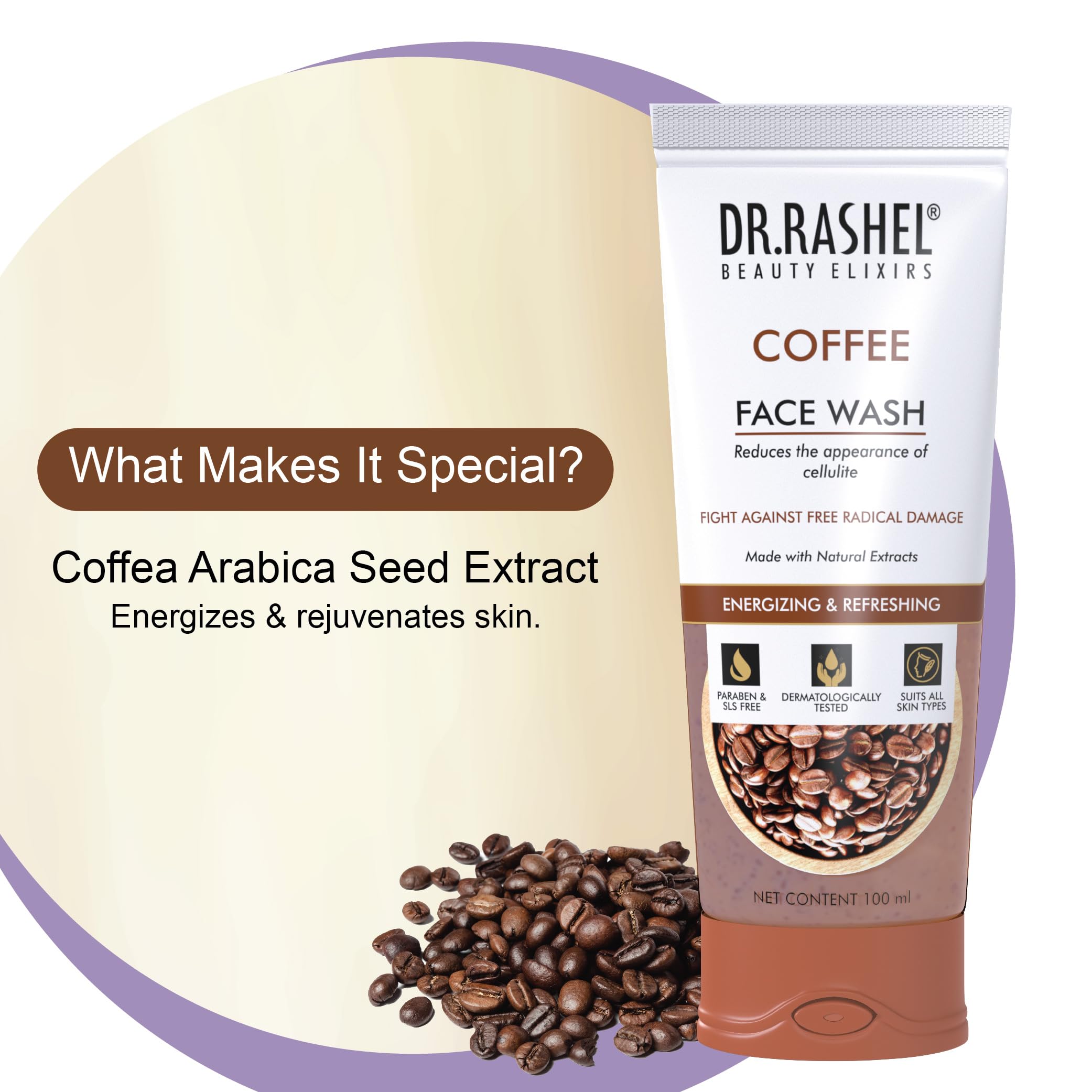 DR.RASHEL Coffee Face Wash for Men & Women - Deep Cleansing & Purifying with Crushed Coffee Beans & Natural Ingredients, Suitable for Oily to Normal Skin (100ml) | Perfect for Morning Skincare Routine & Acne-Prone Skin