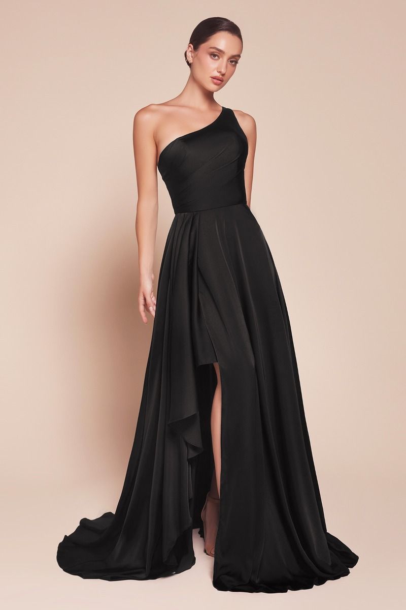 Miranda One Shoulder Soft Satin A-Line Dress in Black - Elegant Evening Gown for Prom, Cocktail Party & Special Occasions