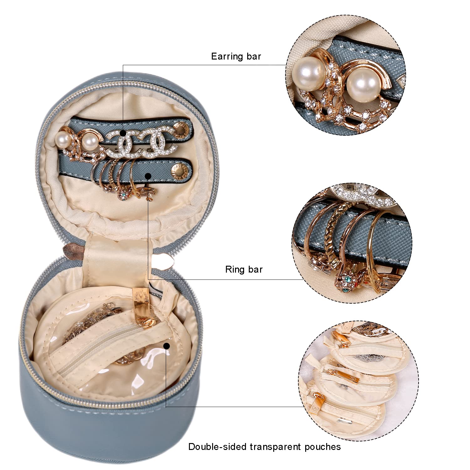 Angelina's Palace Round Jewelry Organizer Case - Vegan Leather Travel Jewelry Box for Necklace, Earrings, Bracelet & Ring Storage - Perfect Bridesmaid Gift & Travel Accessory (Pearl Blue)