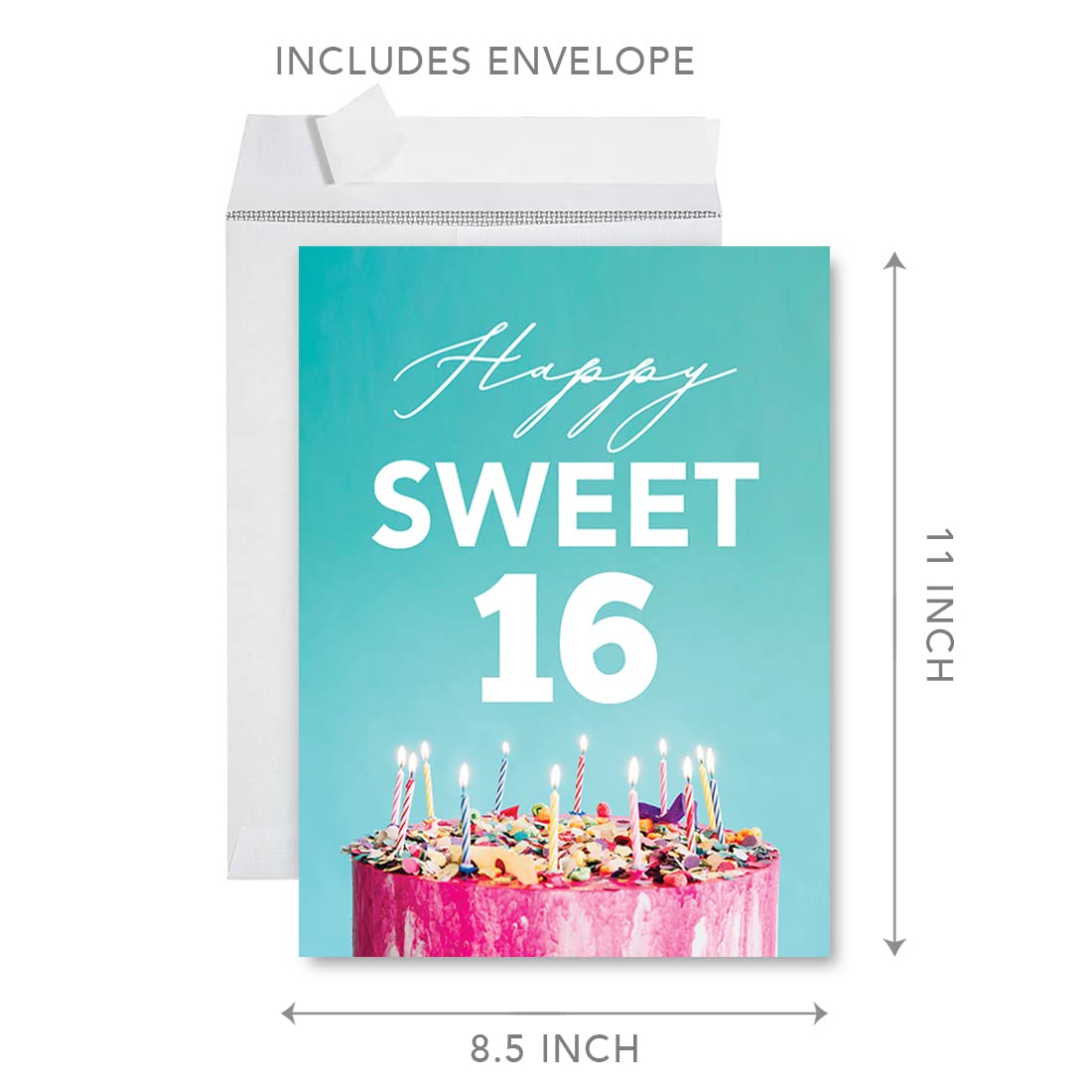 Jumbo Happy Birthday Card for Sweet 16 - 8.5x11 Inch Blank Greeting Card with Envelope - Birthday Card for Girls, Daughter, Granddaughter - Sixteen Birthday Cake Design - 1-Pack - Perfect for Milestone Celebrations & Special Wishes