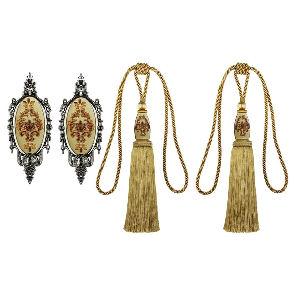 LiPengTaoHome Metal Curtain Holdbacks & Wall Hooks - Hand-Embroidered Beaded Tie Backs for Drapes (Set of 2, Beige) - Perfect for Living Room, Bedroom & Window Decor