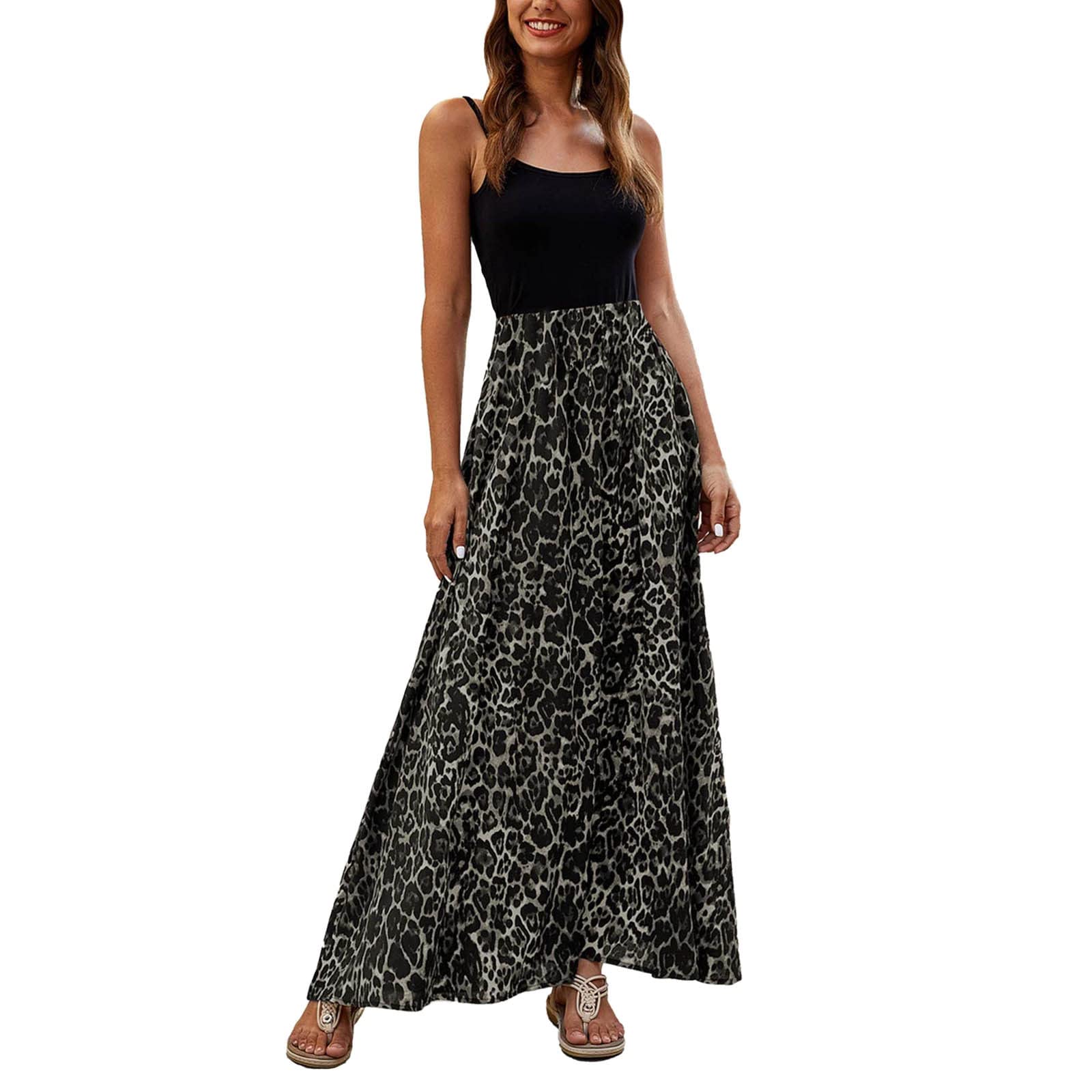 Elegant Leopard Print Long Maxi Dress for Women - High Waisted Pleated Summer Beach Dress for Wedding Guest & Special Occasions