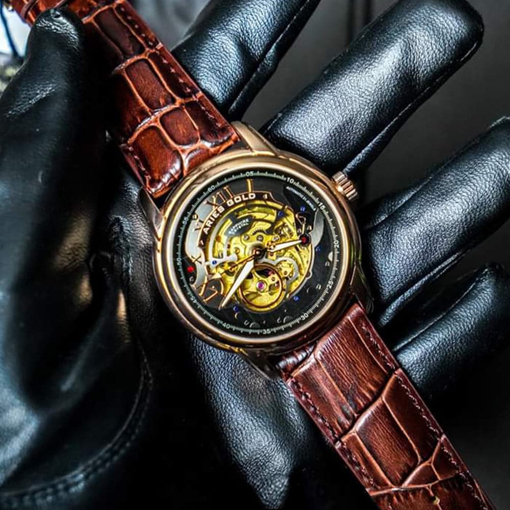 ARIES GOLD Automatic Infinum El Toro Men's Watch - Stainless Steel Case, Brown Leather Strap, Gold-Tone (G 9005G RG BK) | Luxury Dress Watch for Business, Formal Occasions & Gifts