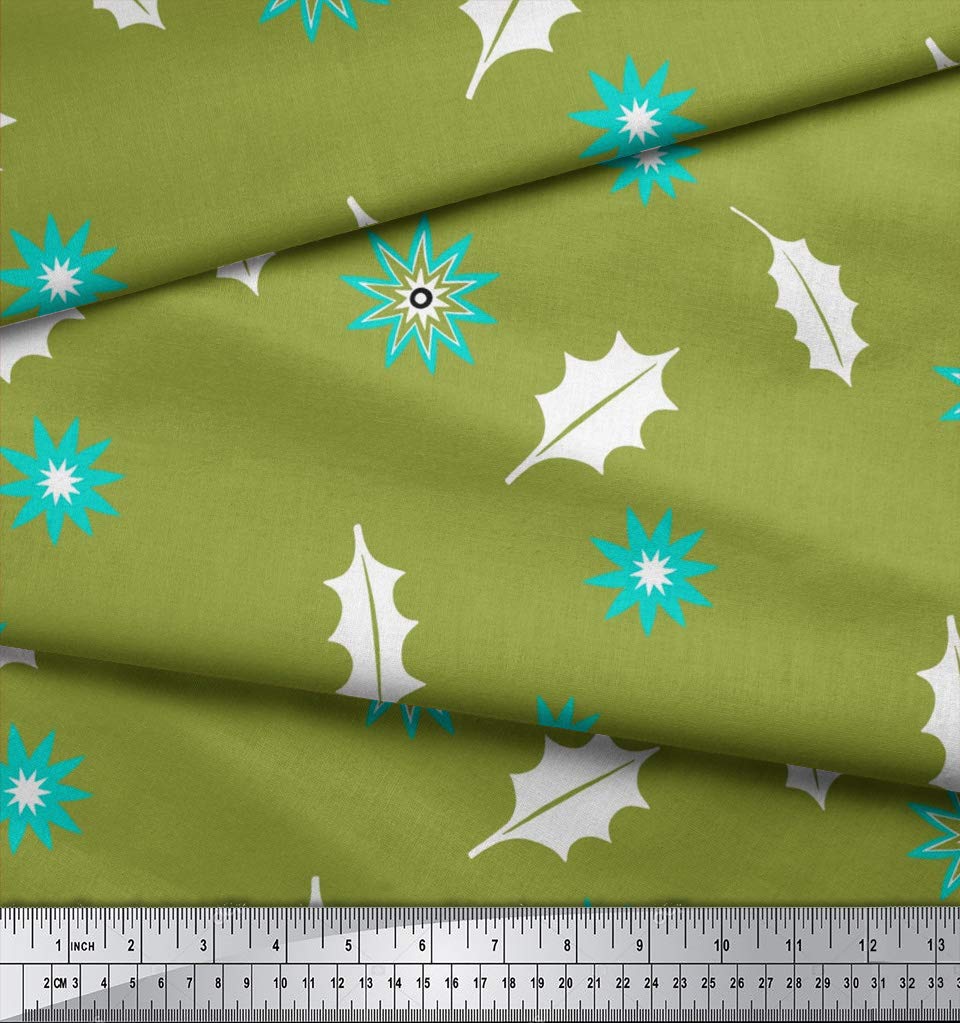 Soimoi Moss Green Georgette Fabric by The Yard - 42 Inch Wide - Star & Holly Leaves Printed Fabric for Christmas Decor, Holiday Crafts, and Seasonal Home Decorations - Perfect for Table Runners, Garments, and DIY Projects