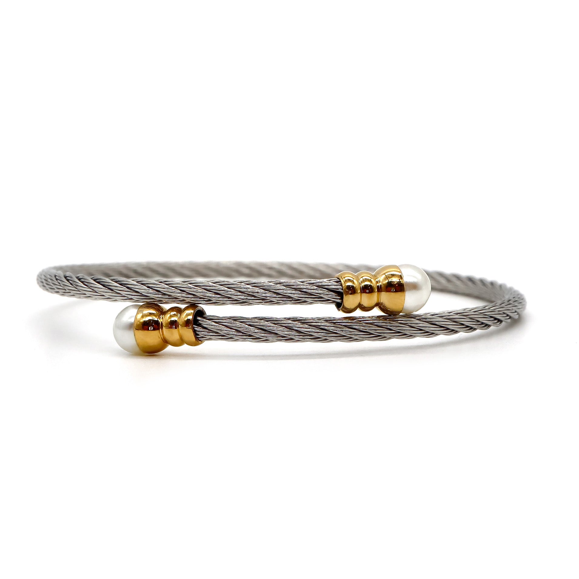 ROMALI 18K Gold Plated Stainless Steel Twisted Cable Bracelet with Pearl Accents - Elegant Jewelry for Women, Perfect for Parties, Weddings & Daily Wear