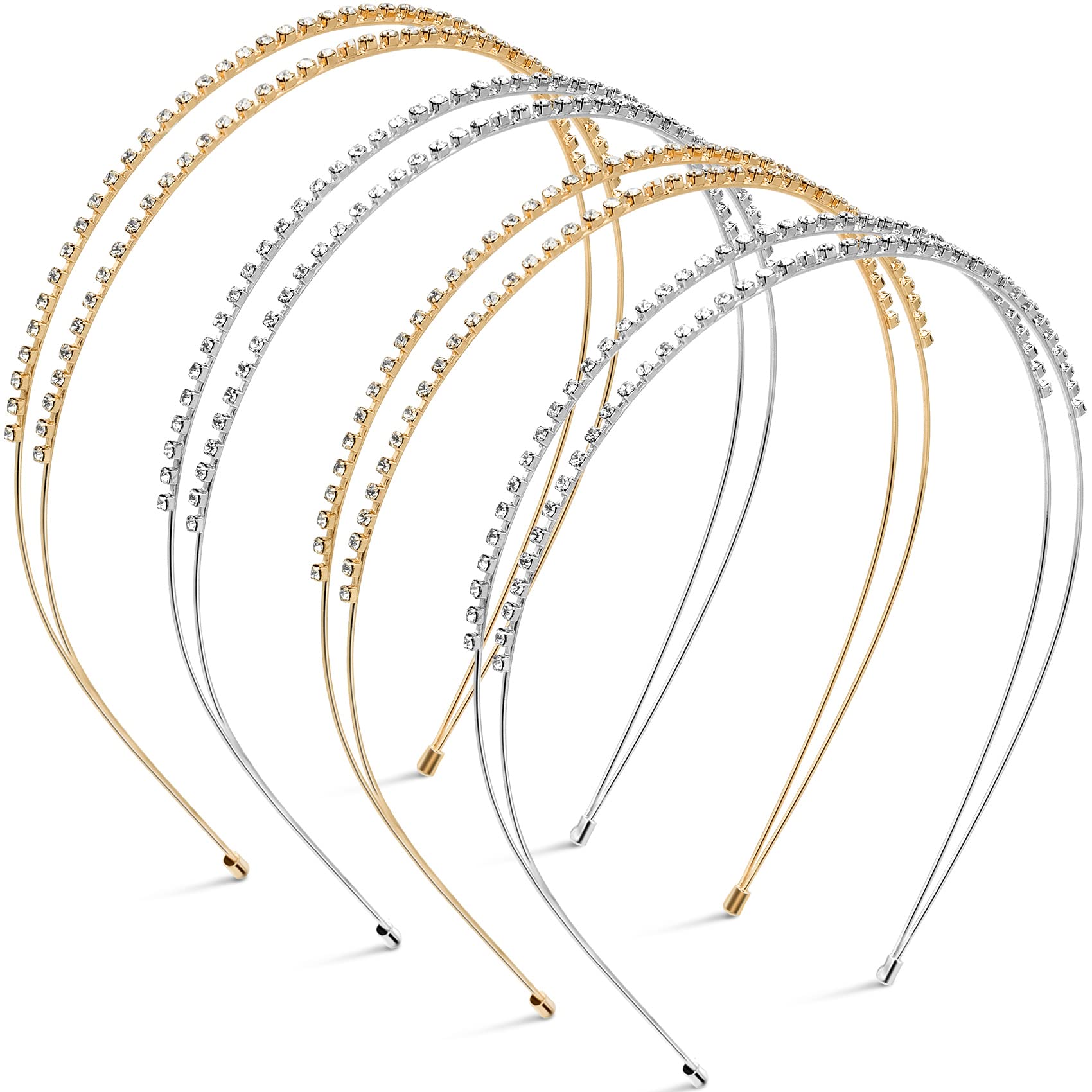 ANCIRS 4 Pack Rhinestone Double Row Headbands for Women & Girls - 2 Gold & 2 Silver Crystal Hair Hoop Bands - Perfect for Weddings, Parties, Prom, and Everyday Fashion Accessories