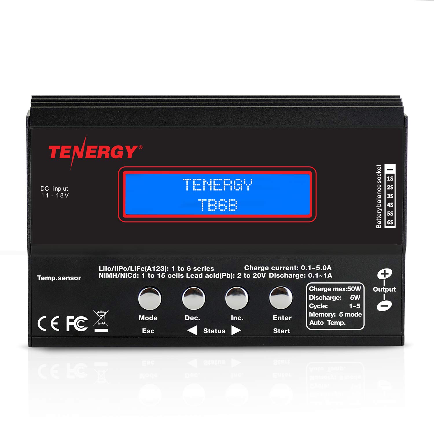 Tenergy TB-6AB 1S-6S Digital LCD Battery Charger Discharger for NiMH/NiCD/Li-PO/Li-Fe Battery Packs - Compatible with Tamiya/JST/EC3/HiTec/Deans Connectors + Power Supply - Perfect for RC Cars, Drones, and Hobby Battery Charging