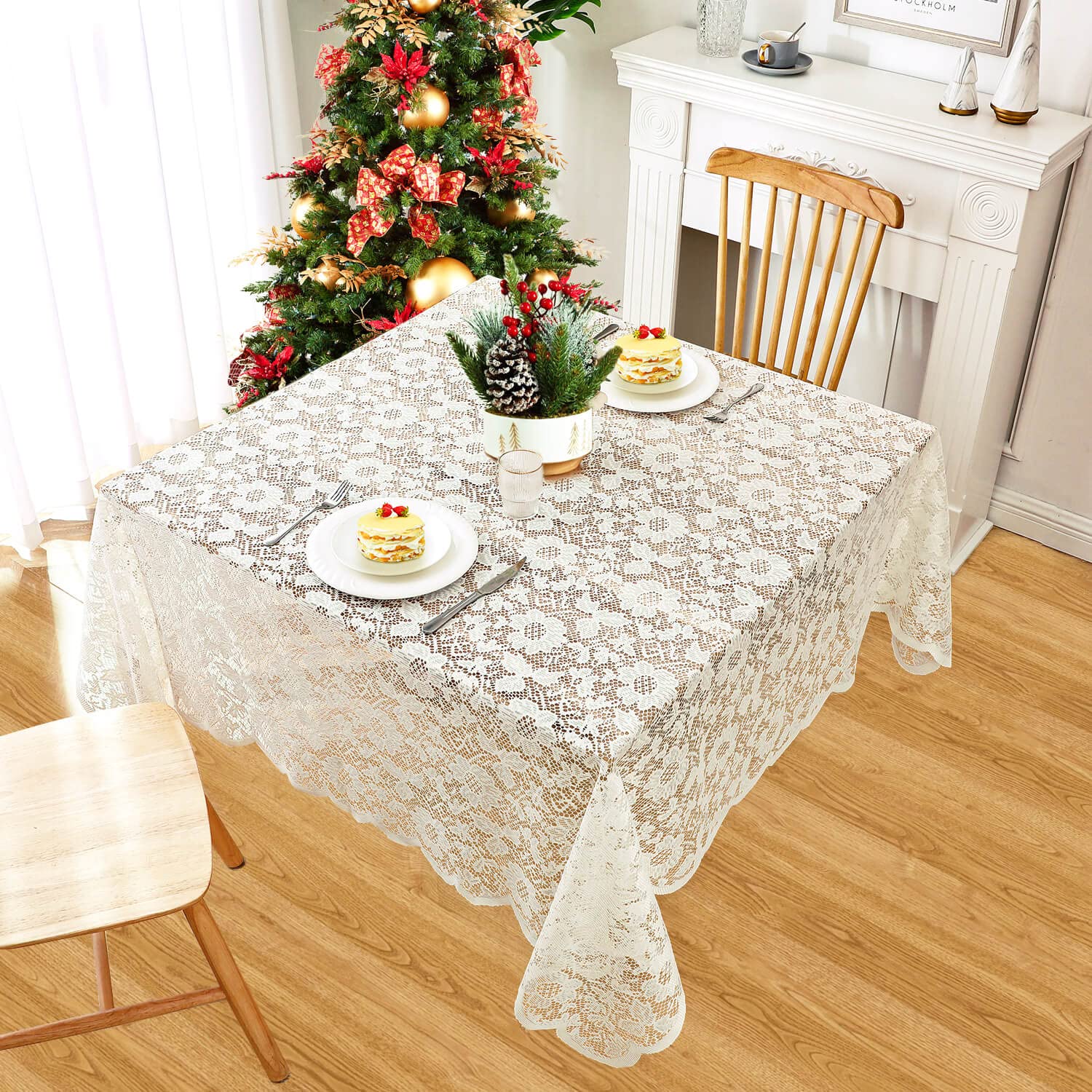 WUBODTI 72x72 Inch Beige Lace Tablecloth - Vintage Floral Sunflower Pattern Embroidered Square Table Cover for Wedding, Party, Dining Room & Kitchen Decor | Perfect for Holiday Gatherings & Special Occasions