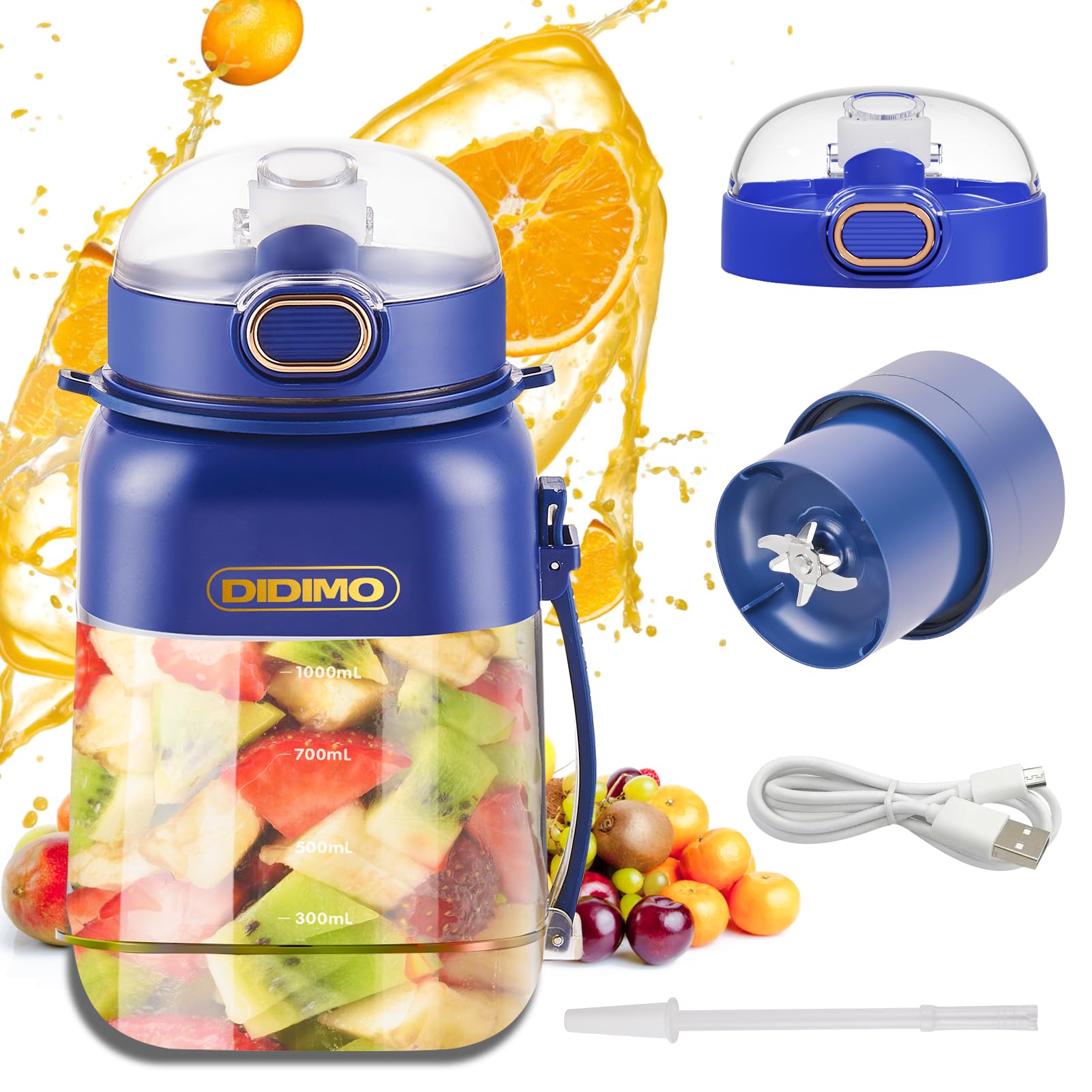 Portable Blender 33.8oz - 60W USB-C Rechargeable Personal Blender for Smoothies, Protein Shakes & Juices - Large Travel Blender with Lid, Straw & Carry Strap - Perfect for Gym, Workout, Camping & Office (Blue)