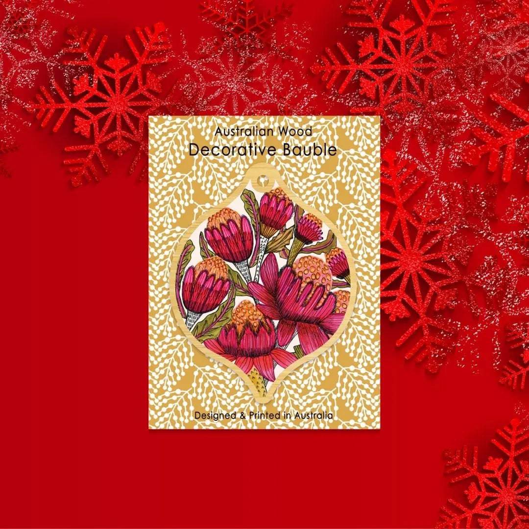 Australian Waratah Flowers Wooden Christmas Ornament - Handcrafted Holiday Decor for Tree, Gift, and Home Decoration