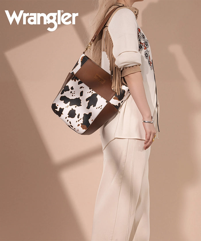 Wrangler Cow Print Crossbody Bucket Bag for Women - Stylish Western Handbag with Adjustable Strap - Perfect for Daily Use, Travel & Country Music Festivals