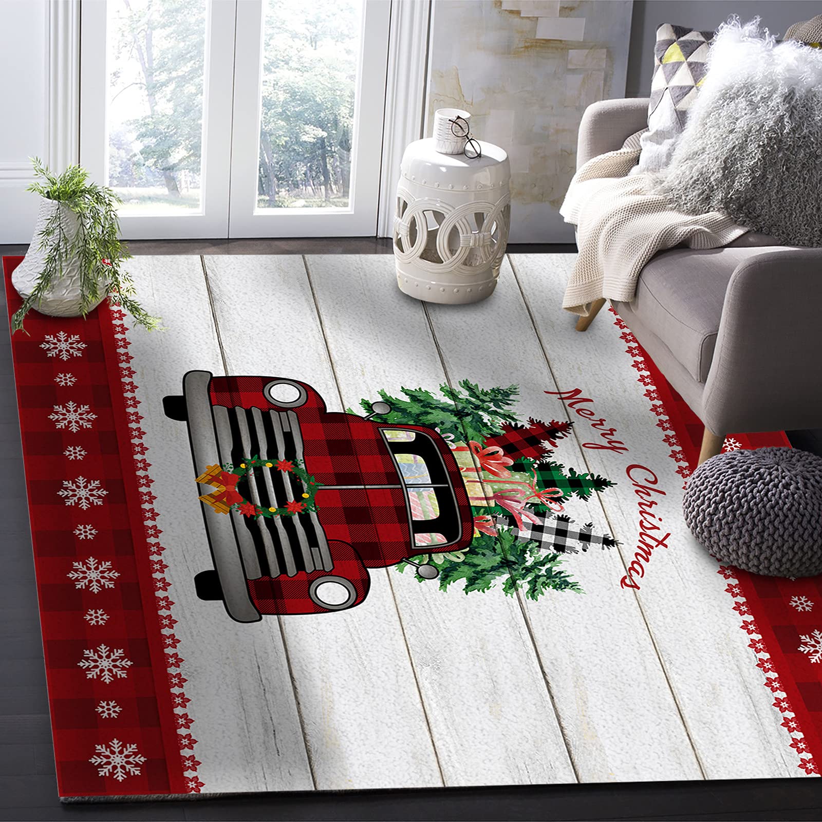 Non-Slip Absorbent Christmas Truck Design 4x6 Feet Area Rug with Red Border & Snowflakes - Soft Floor Mat for Living Room, Bedroom, Kitchen & Entryway | Perfect Holiday Home Decor & Cozy Gift Idea