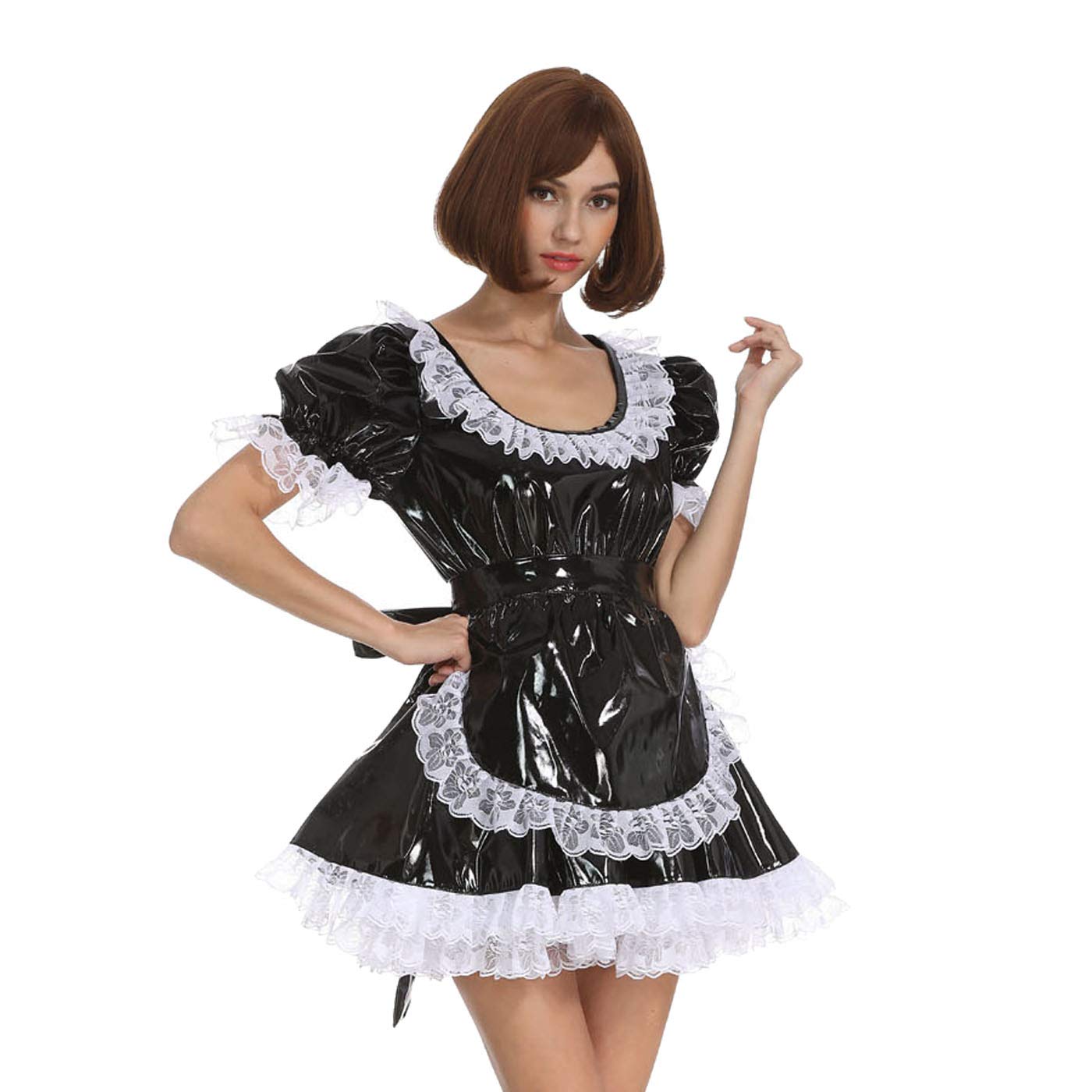 Women's Sissy Round Neck Lace Black PVC Dress with Puff Ball Sleeves - Crossdress Gothic Fashion for Parties & Cosplay