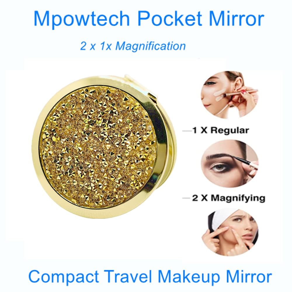 Gold Compact Mirror for Women with Mix Diamond Design - 2x & 1x Magnification Folding Pocket Mirror | Portable Travel Makeup Mirror for Purse | Perfect Gift for Her (Ideal for Travel, Home, Office & Touch-ups)