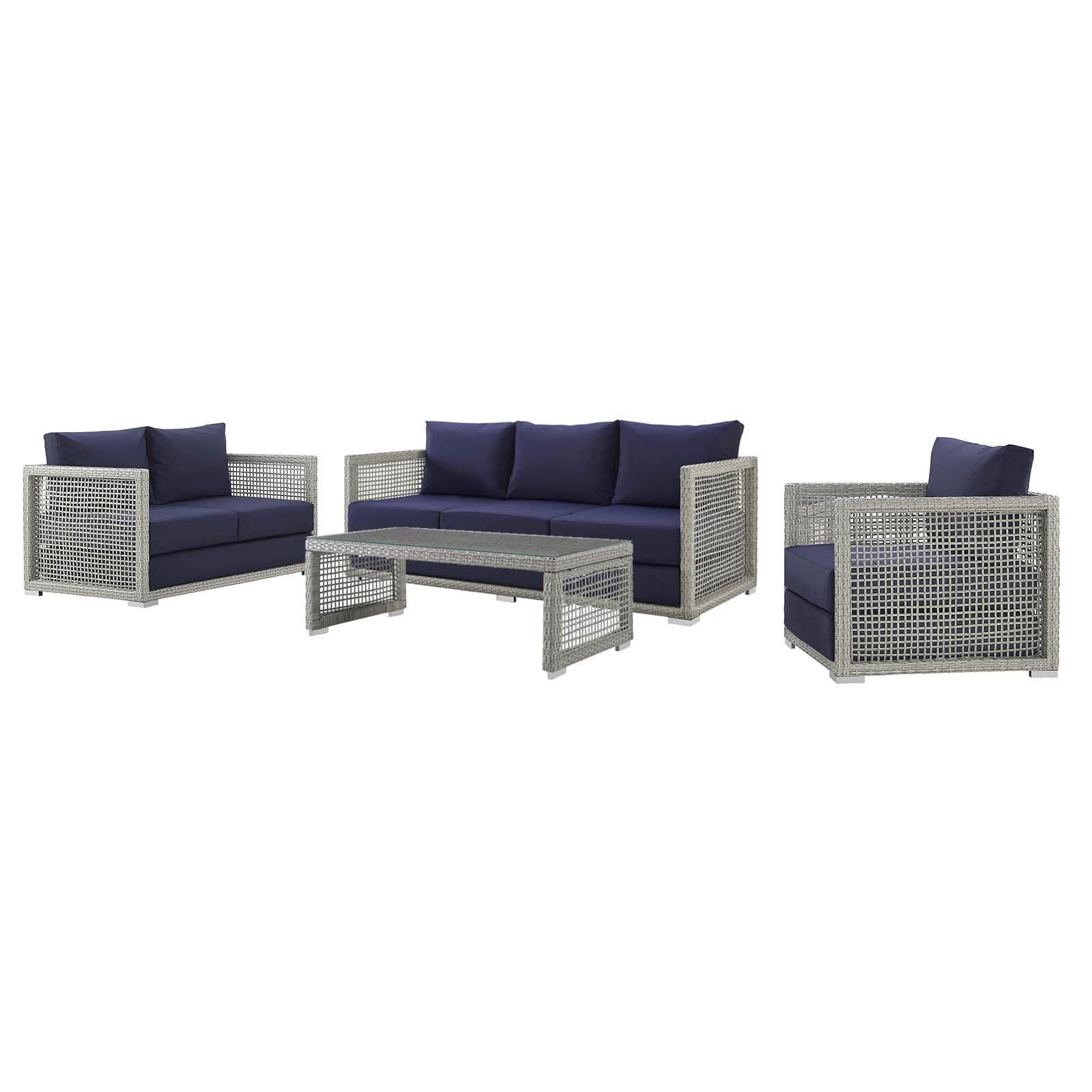 Modern Outdoor Patio Furniture Set - 3-Piece Rattan Wicker Sofa, Chair & Coffee Table in Gray, Navy Blue - Perfect for Backyard, Garden, Poolside & Patio Relaxation