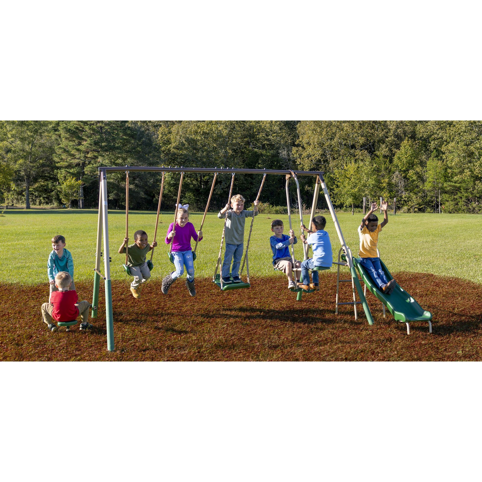 XDP Recreation Crestview Outdoor Metal Swing Set for Kids - Backyard Playset with 2 Swings, Slide, Stand N Swing, Fun Glider & See Saw - Green/Tan - Perfect for Outdoor Play, Birthday Gifts & Backyard Fun