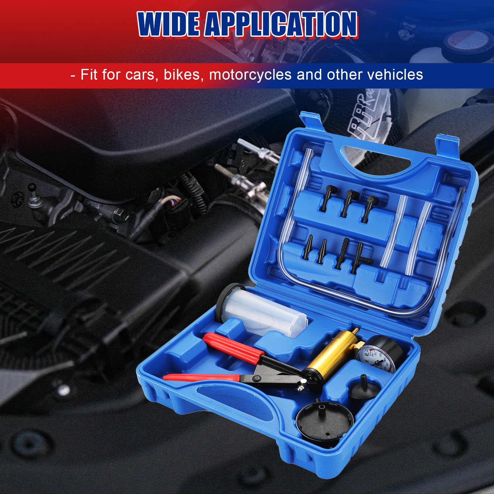 2 in 1 Handheld Vacuum Pump Brake Bleeder Kit - 16 Pcs Motorcycle & Car Brake Fluid Bleeding Tool Set with Pistol Pump Tester for Bike, Truck, ATV - Easy Oil Change & Maintenance (Blue) - Perfect for DIY Garage Repairs & Professional Auto Shops