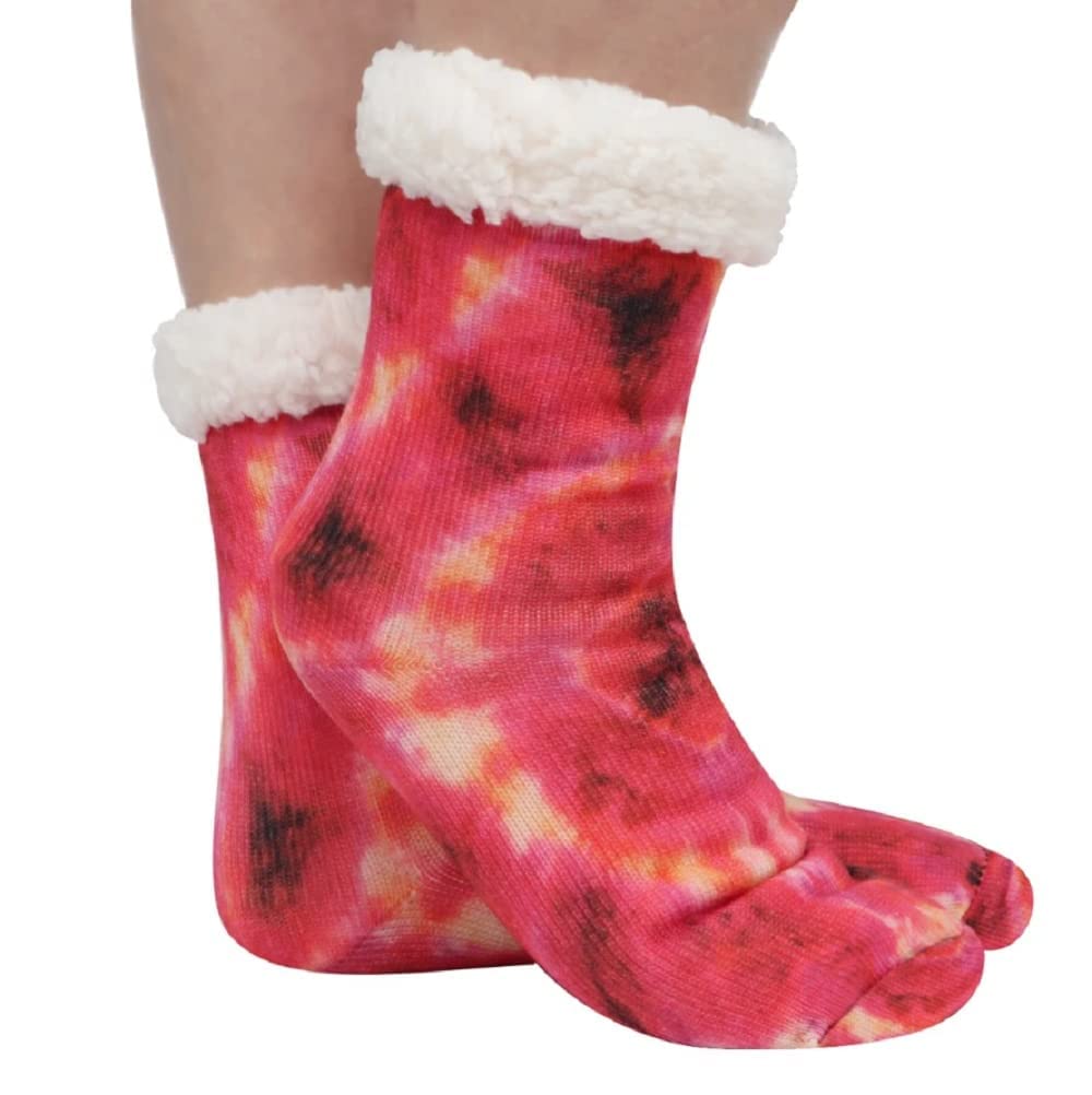 Women's Rainbow Tie-Dye Sherpa Lined Socks - Cozy Pink Winter Socks for Women, Soft Warm Fuzzy Slipper Socks for Home, Lounge & Cold Weather Comfort