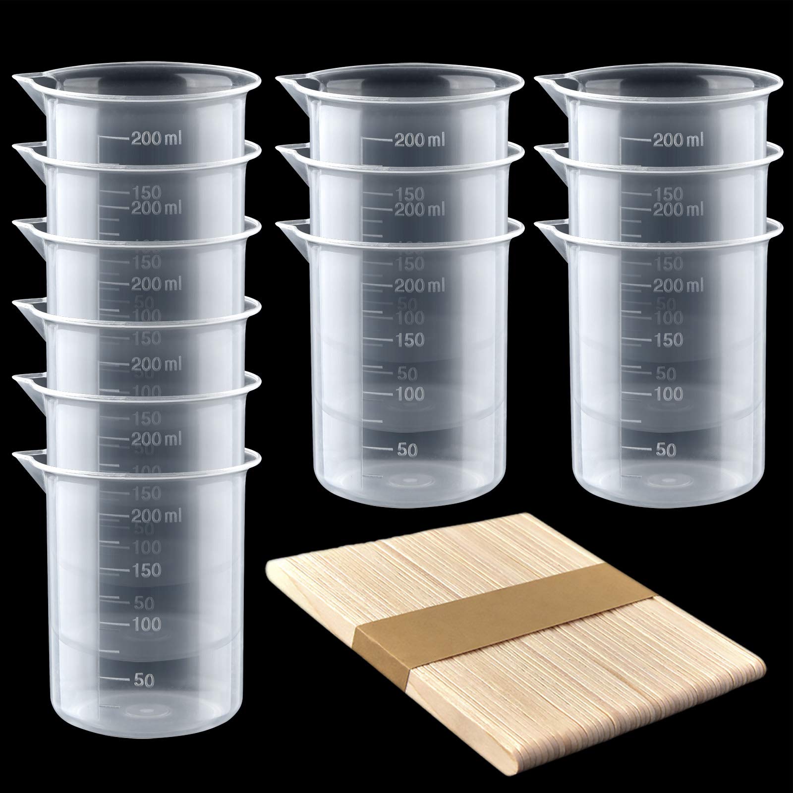 Coopay 12 Pack 200ml/6.8oz Clear Plastic Beakers - Epoxy Resin Mixing Cups with Measurement Marks & 50 Wooden Stir Sticks - Perfect for DIY Resin Art, Paint Mixing, Stain Projects & Science Experiments
