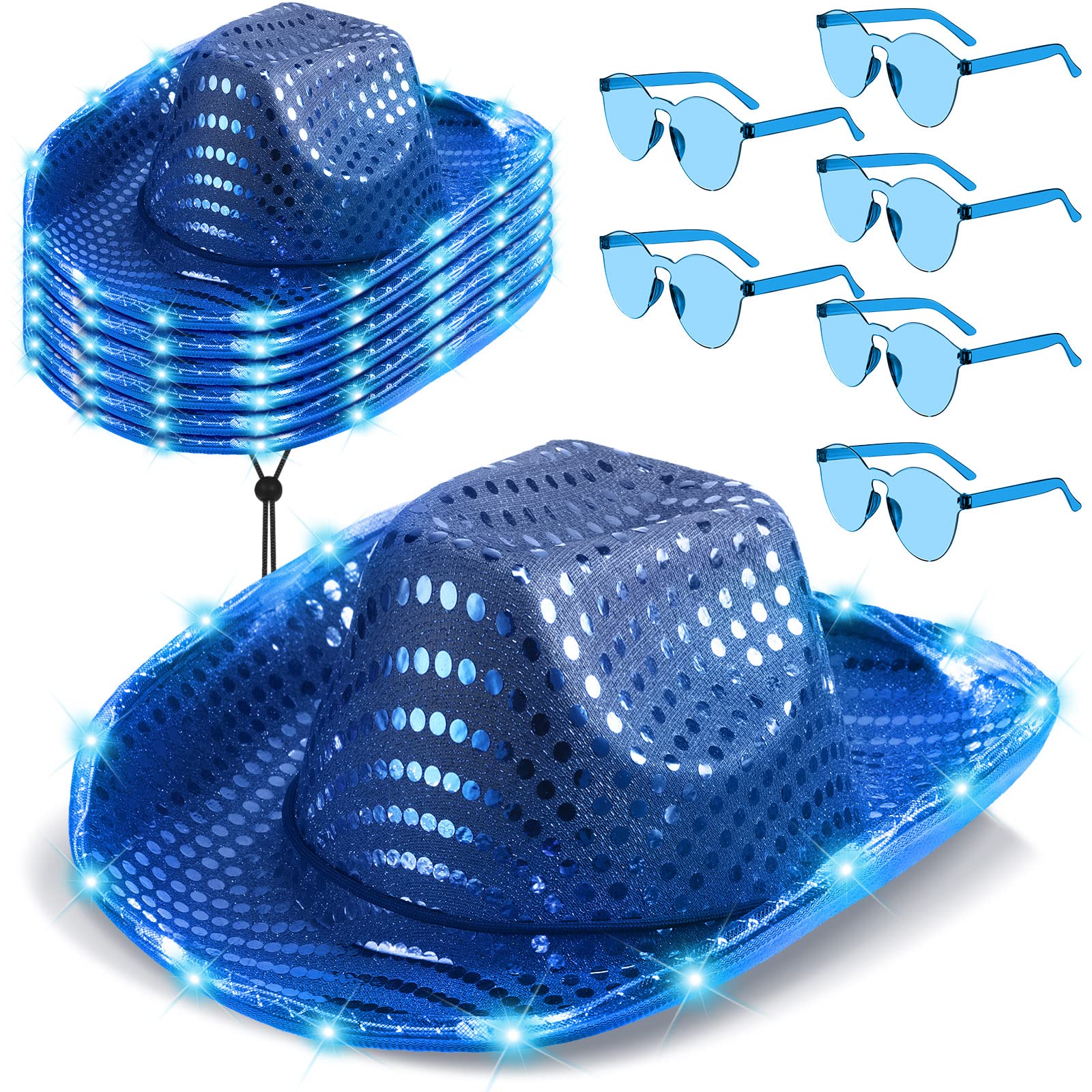 Zhanmai 6-Piece LED Light Up Cowboy Hat Set with Glitter & Sequin Details - Space Cowgirl Hat with Sunglasses for Women & Men | Perfect for Halloween Costumes, Rodeo Parties & Western Theme Events
