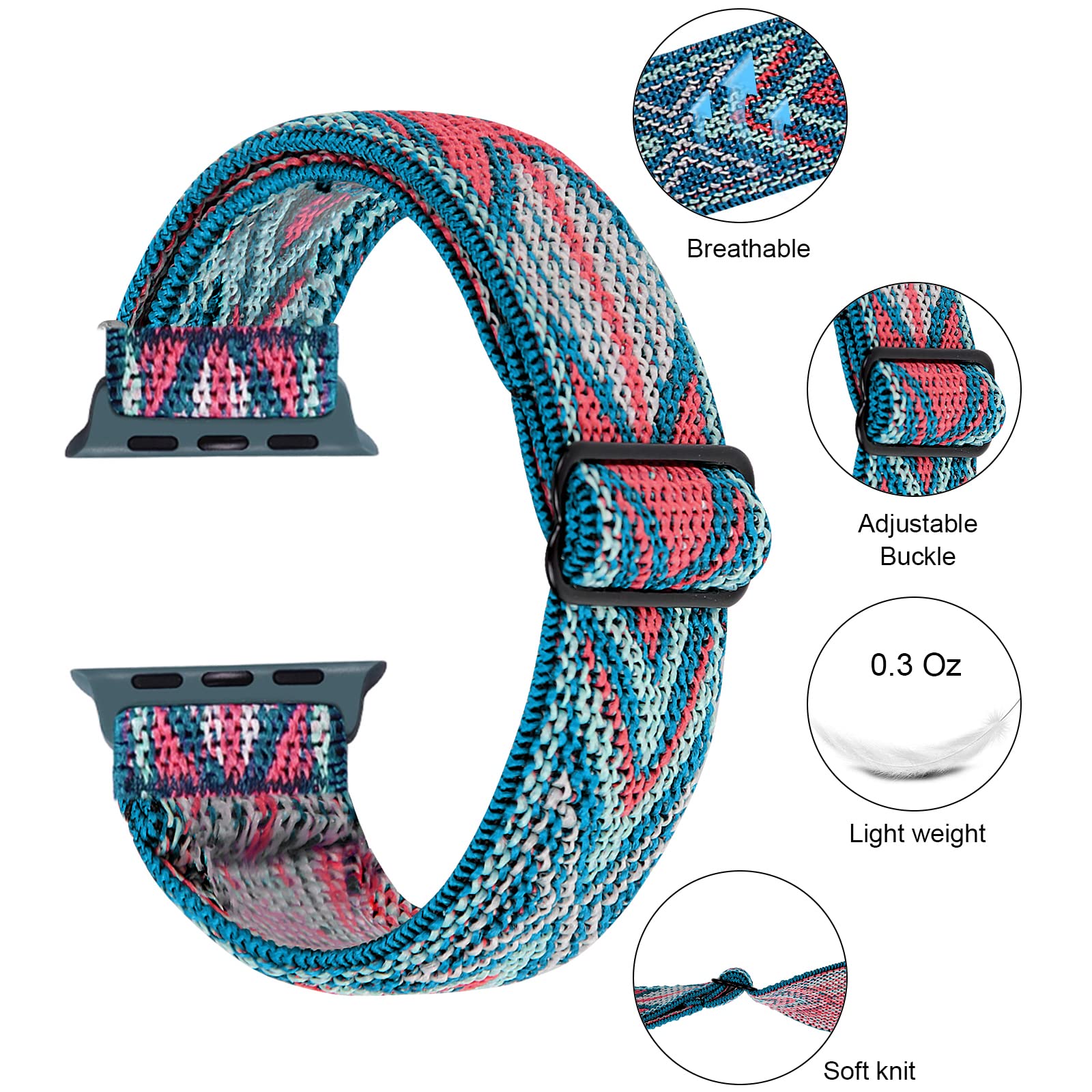 WIGERLON Stretchy Nylon Solo Loop Band Compatible with Apple Watch Series 7/6/5/4/3/2/1/SE (38mm/40mm/41mm/42mm/44mm/45mm) - Soft Breathable Sport Strap for Workout, Running & Daily Wear