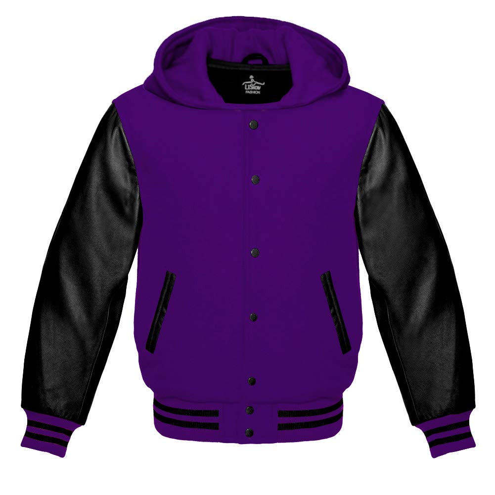 Varsity Hoodie Jacket - Purple Wool Letterman Bomber with Genuine Black Leather Sleeves | Baseball Team School Jacket for Men & Women | Perfect for Sports Games, Campus Wear & Casual Outfits