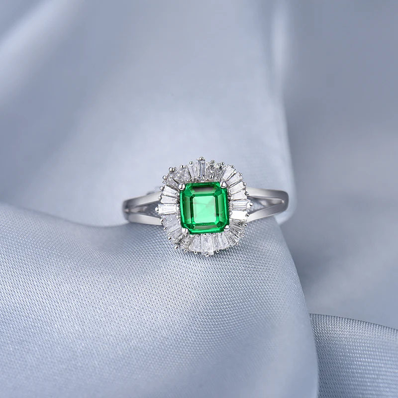 14K White Gold Natural Green Emerald & Diamond Ring – Elegant Engagement Ring for Women, Wedding Proposal, Anniversary Gift, Bridal Jewelry