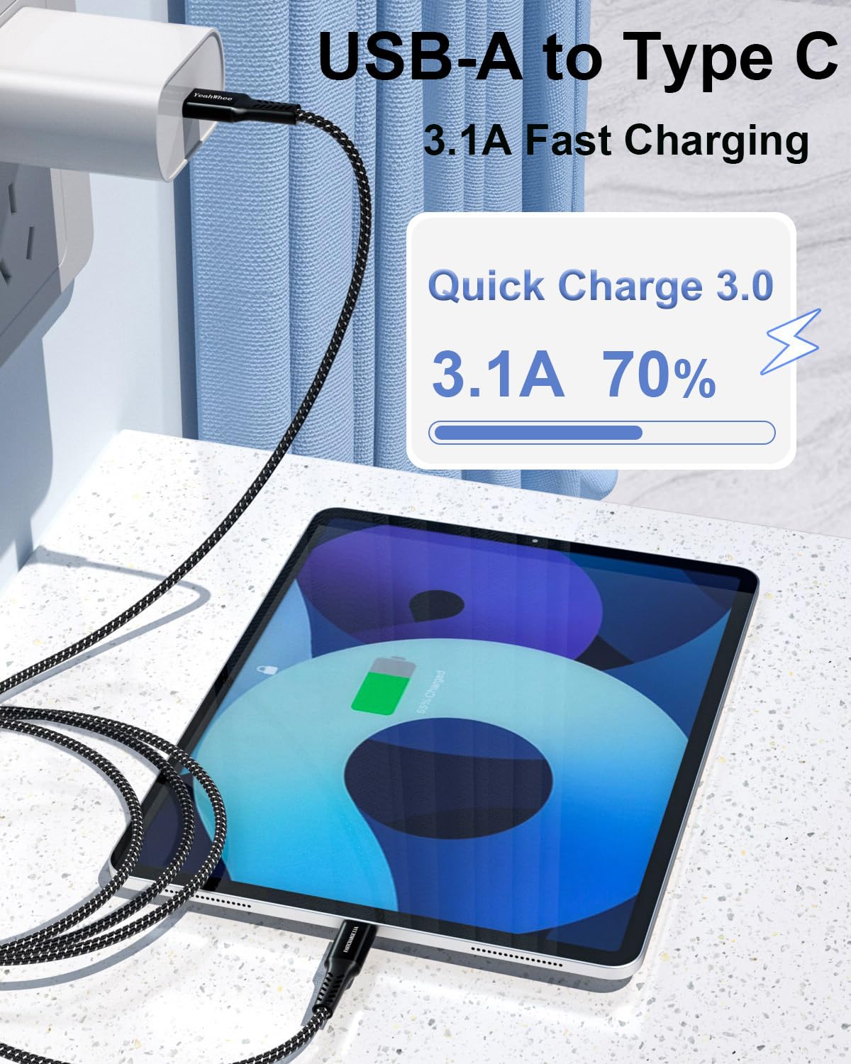 2-Pack USB C to USB A 3.1A Fast Charging Cable 6.6ft Nylon Braided Durable Charger Cord for iPhone 15 Pro/14/13, iPad, Samsung S22/S21, Huawei, Google Pixel, PS5 - Perfect for Home, Office & Travel Charging