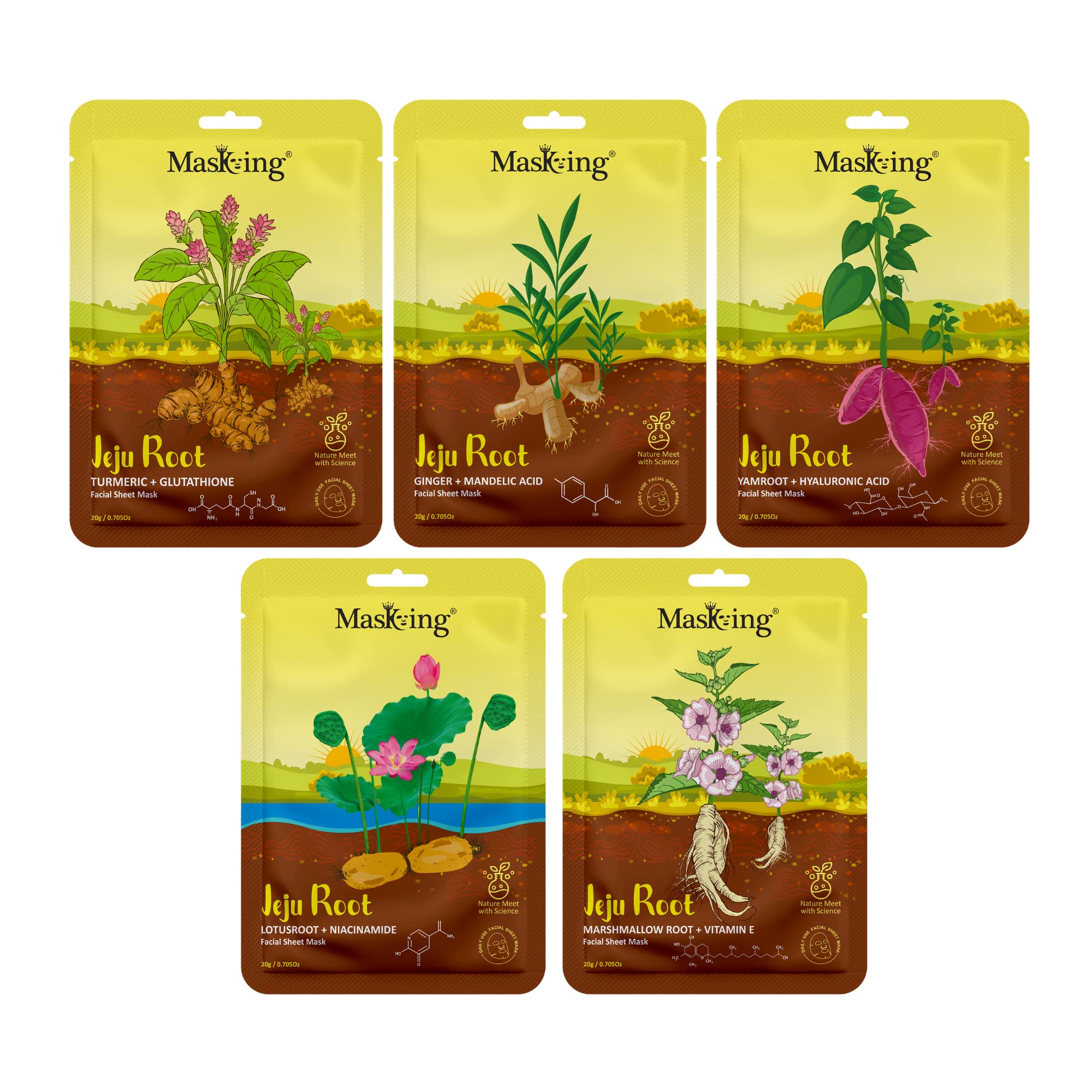 Jeju Root Face Sheet Mask for Skin Glowing & Regeneration - Hydrating & Brightening Facial Mask for Women & Men - Pack of 5 - Perfect for Daily Skincare & Spa Night